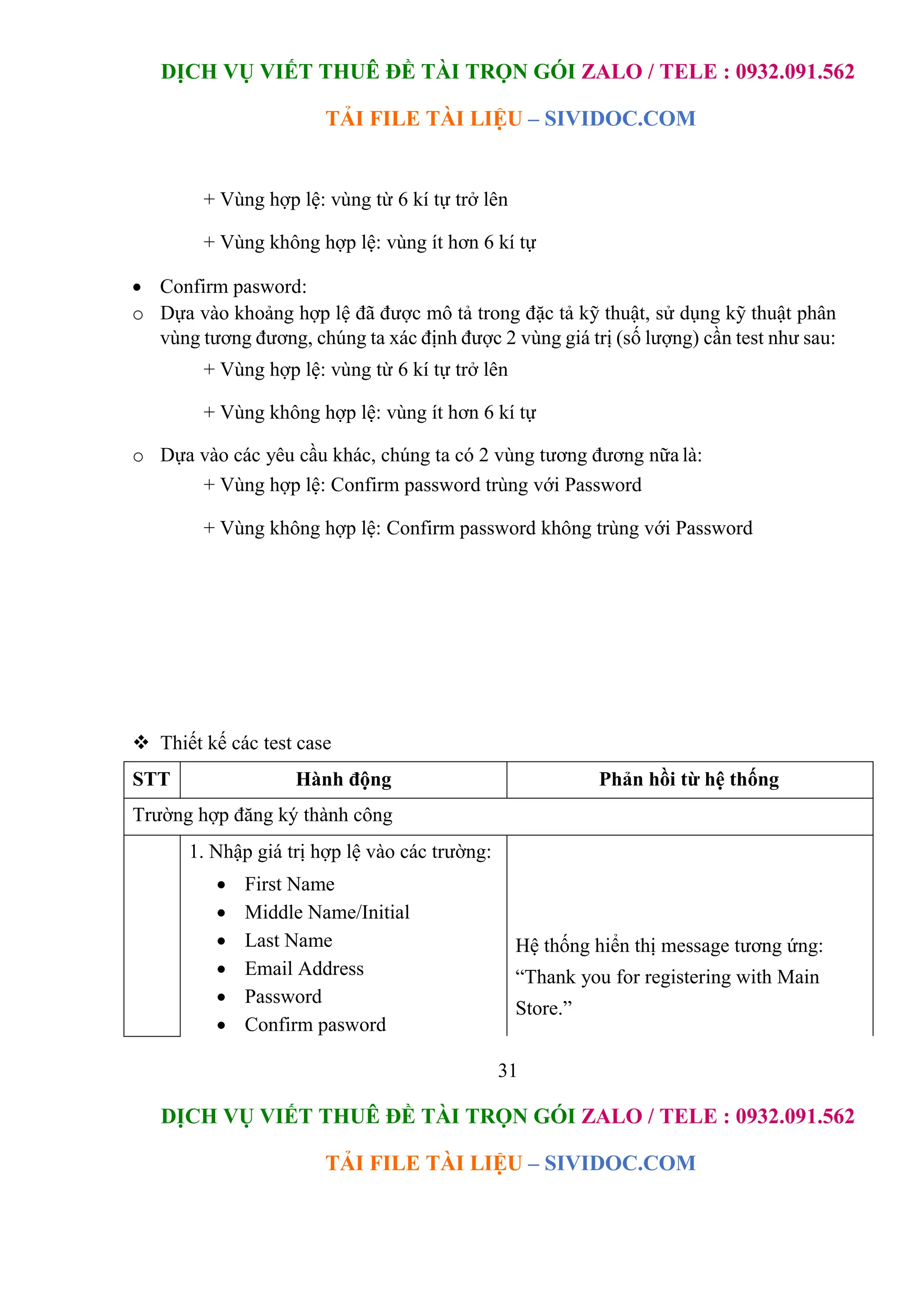 DỊCH VỤ VIẾT THUÊ ĐỀ TÀI TRỌN GÓI ZALO / TELE : 0932.091.562
TẢI FILE TÀI LIỆU – SIVIDOC.COM
31
DỊCH VỤ VIẾT THUÊ ĐỀ TÀI TRỌN GÓI ZALO / TELE : 0932.091.562
TẢI FILE TÀI LIỆU – SIVIDOC.COM
+ Vùng hợp lệ: vùng từ 6 kí tự trở lên
+ Vùng không hợp lệ: vùng ít hơn 6 kí tự
 Confirm pasword:
o Dựa vào khoảng hợp lệ đã được mô tả trong đặc tả kỹ thuật, sử dụng kỹ thuật phân
vùng tương đương, chúng ta xác định được 2 vùng giá trị (số lượng) cần test như sau:
+ Vùng hợp lệ: vùng từ 6 kí tự trở lên
+ Vùng không hợp lệ: vùng ít hơn 6 kí tự
o Dựa vào các yêu cầu khác, chúng ta có 2 vùng tương đương nữa là:
+ Vùng hợp lệ: Confirm password trùng với Password
+ Vùng không hợp lệ: Confirm password không trùng với Password
 Thiết kế các test case
STT Hành động Phản hồi từ hệ thống
Trường hợp đăng ký thành công
1. Nhập giá trị hợp lệ vào các trường:
 First Name
 Middle Name/Initial
 Last Name
 Email Address
 Password
 Confirm pasword
Hệ thống hiển thị message tương ứng:
“Thank you for registering with Main
Store.”
 