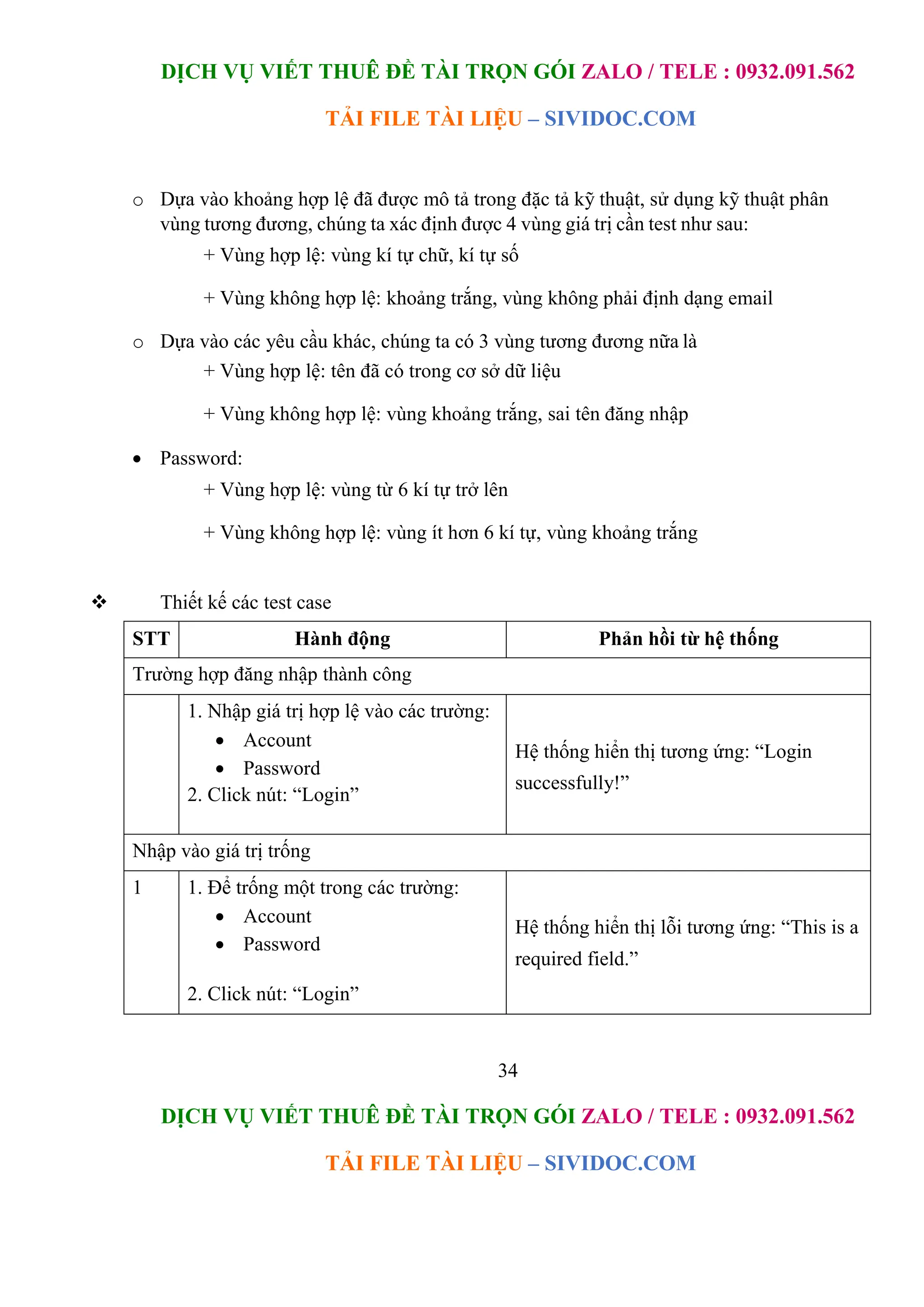 DỊCH VỤ VIẾT THUÊ ĐỀ TÀI TRỌN GÓI ZALO / TELE : 0932.091.562
TẢI FILE TÀI LIỆU – SIVIDOC.COM
34
DỊCH VỤ VIẾT THUÊ ĐỀ TÀI TRỌN GÓI ZALO / TELE : 0932.091.562
TẢI FILE TÀI LIỆU – SIVIDOC.COM
o Dựa vào khoảng hợp lệ đã được mô tả trong đặc tả kỹ thuật, sử dụng kỹ thuật phân
vùng tương đương, chúng ta xác định được 4 vùng giá trị cần test như sau:
+ Vùng hợp lệ: vùng kí tự chữ, kí tự số
+ Vùng không hợp lệ: khoảng trắng, vùng không phải định dạng email
o Dựa vào các yêu cầu khác, chúng ta có 3 vùng tương đương nữa là
+ Vùng hợp lệ: tên đã có trong cơ sở dữ liệu
+ Vùng không hợp lệ: vùng khoảng trắng, sai tên đăng nhập
 Password:
+ Vùng hợp lệ: vùng từ 6 kí tự trở lên
+ Vùng không hợp lệ: vùng ít hơn 6 kí tự, vùng khoảng trắng
 Thiết kế các test case
STT Hành động Phản hồi từ hệ thống
Trường hợp đăng nhập thành công
1. Nhập giá trị hợp lệ vào các trường:
 Account
 Password
2. Click nút: “Login”
Hệ thống hiển thị tương ứng: “Login
successfully!”
Nhập vào giá trị trống
1 1. Để trống một trong các trường:
 Account
 Password
Hệ thống hiển thị lỗi tương ứng: “This is a
required field.”
2. Click nút: “Login”
 