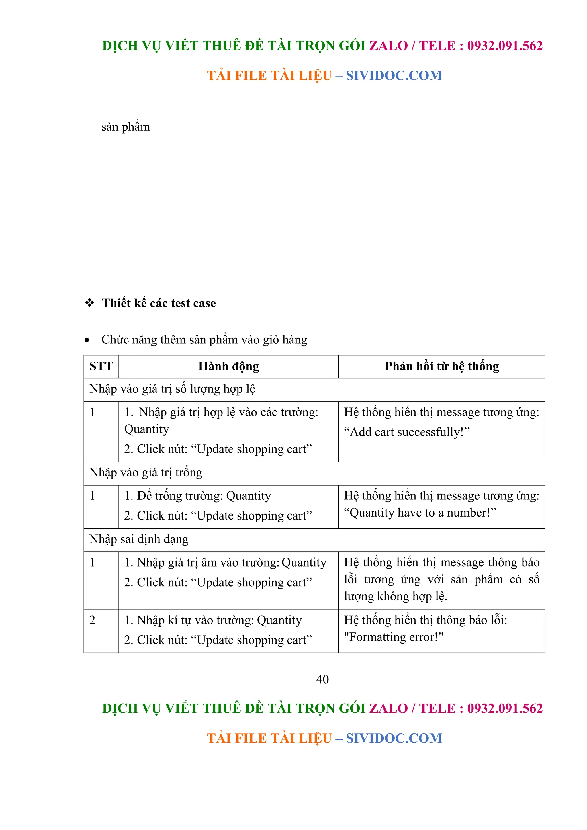DỊCH VỤ VIẾT THUÊ ĐỀ TÀI TRỌN GÓI ZALO / TELE : 0932.091.562
TẢI FILE TÀI LIỆU – SIVIDOC.COM
40
DỊCH VỤ VIẾT THUÊ ĐỀ TÀI TRỌN GÓI ZALO / TELE : 0932.091.562
TẢI FILE TÀI LIỆU – SIVIDOC.COM
sản phẩm

 Thiết kế các test case
 Chức năng thêm sản phẩm vào giỏ hàng
STT Hành động Phản hồi từ hệ thống
Nhập vào giá trị số lượng hợp lệ
1 1. Nhập giá trị hợp lệ vào các trường:
Quantity
2. Click nút: “Update shopping cart”
Hệ thống hiển thị message tương ứng:
“Add cart successfully!”
Nhập vào giá trị trống
1 1. Để trống trường: Quantity
2. Click nút: “Update shopping cart”
Hệ thống hiển thị message tương ứng:
“Quantity have to a number!”
Nhập sai định dạng
1 1. Nhập giá trị âm vào trường:Quantity
2. Click nút: “Update shopping cart”
Hệ thống hiển thị message thông báo
lỗi tương ứng với sản phẩm có số
lượng không hợp lệ.
2 1. Nhập kí tự vào trường: Quantity
2. Click nút: “Update shopping cart”
Hệ thống hiển thị thông báo lỗi:
"Formatting error!"
 