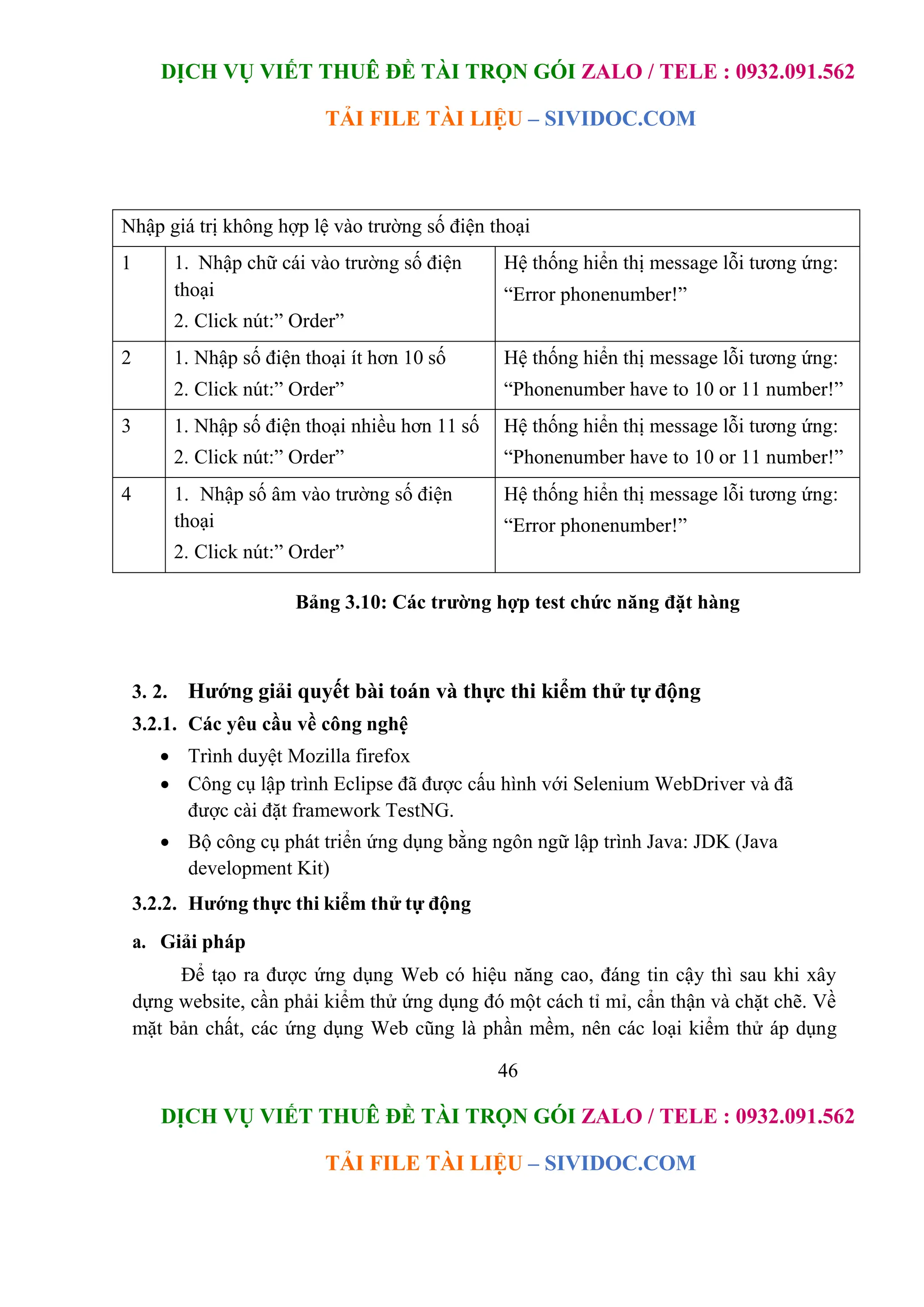 DỊCH VỤ VIẾT THUÊ ĐỀ TÀI TRỌN GÓI ZALO / TELE : 0932.091.562
TẢI FILE TÀI LIỆU – SIVIDOC.COM
46
DỊCH VỤ VIẾT THUÊ ĐỀ TÀI TRỌN GÓI ZALO / TELE : 0932.091.562
TẢI FILE TÀI LIỆU – SIVIDOC.COM
Bảng 3.10: Các trường hợp test chức năng đặt hàng
3. 2. Hướng giải quyết bài toán và thực thi kiểm thử tự động
3.2.1. Các yêu cầu về công nghệ
 Trình duyệt Mozilla firefox
 Công cụ lập trình Eclipse đã được cấu hình với Selenium WebDriver và đã
được cài đặt framework TestNG.
 Bộ công cụ phát triển ứng dụng bằng ngôn ngữ lập trình Java: JDK (Java
development Kit)
3.2.2. Hướng thực thi kiểm thử tự động
a. Giải pháp
Để tạo ra được ứng dụng Web có hiệu năng cao, đáng tin cậy thì sau khi xây
dựng website, cần phải kiểm thử ứng dụng đó một cách tỉ mỉ, cẩn thận và chặt chẽ. Về
mặt bản chất, các ứng dụng Web cũng là phần mềm, nên các loại kiểm thử áp dụng
Nhập giá trị không hợp lệ vào trường số điện thoại
1 1. Nhập chữ cái vào trường số điện
thoại
2. Click nút:” Order”
Hệ thống hiển thị message lỗi tương ứng:
“Error phonenumber!”
2 1. Nhập số điện thoại ít hơn 10 số
2. Click nút:” Order”
Hệ thống hiển thị message lỗi tương ứng:
“Phonenumber have to 10 or 11 number!”
3 1. Nhập số điện thoại nhiều hơn 11 số
2. Click nút:” Order”
Hệ thống hiển thị message lỗi tương ứng:
“Phonenumber have to 10 or 11 number!”
4 1. Nhập số âm vào trường số điện
thoại
2. Click nút:” Order”
Hệ thống hiển thị message lỗi tương ứng:
“Error phonenumber!”
 