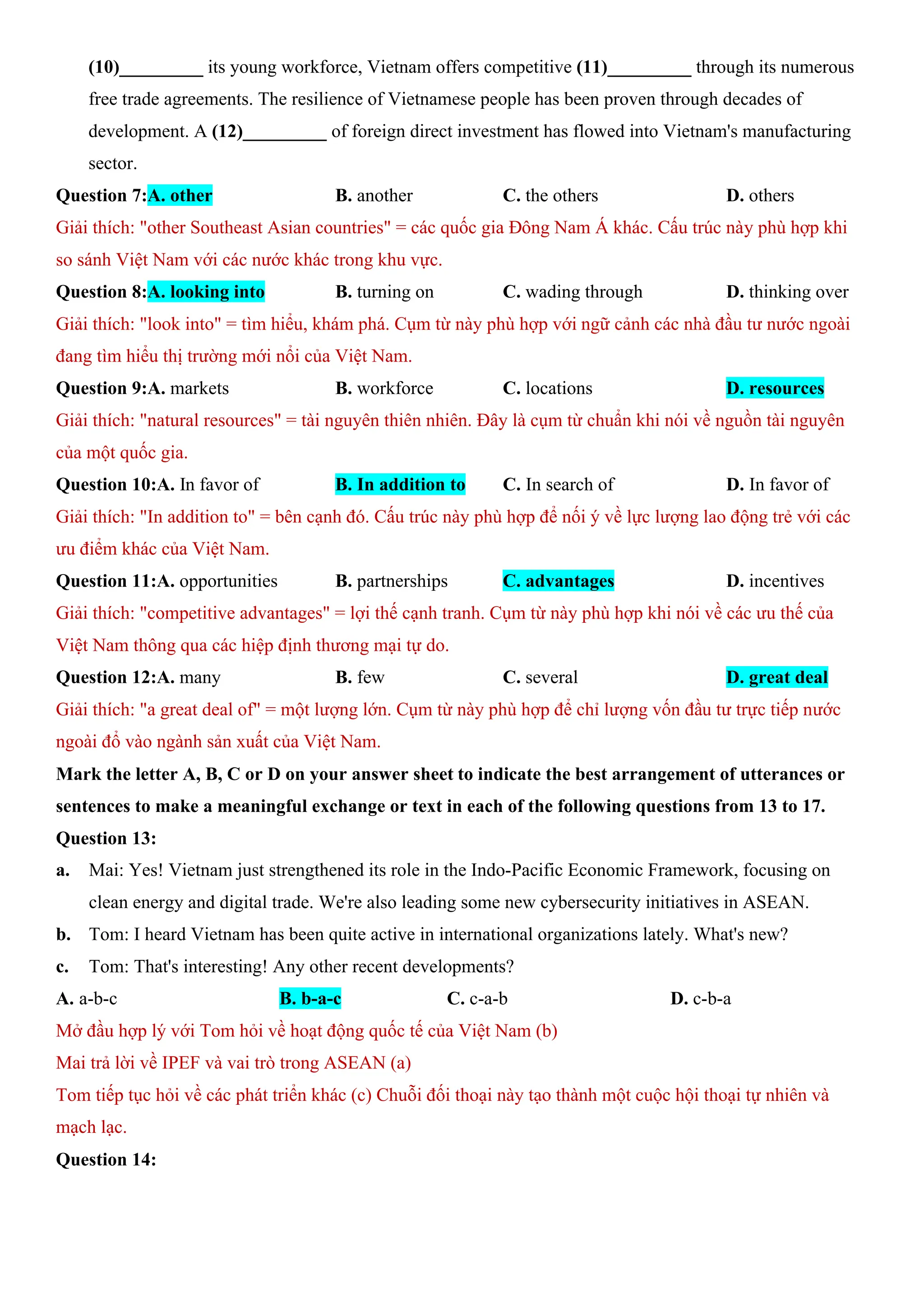 (10)_________ its young workforce, Vietnam offers competitive (11)_________ through its numerous
free trade agreements. The resilience of Vietnamese people has been proven through decades of
development. A (12)_________ of foreign direct investment has flowed into Vietnam's manufacturing
sector.
Question 7:A. other B. another C. the others D. others
Giải thích: "other Southeast Asian countries" = các quốc gia Đông Nam Á khác. Cấu trúc này phù hợp khi
so sánh Việt Nam với các nước khác trong khu vực.
Question 8:A. looking into B. turning on C. wading through D. thinking over
Giải thích: "look into" = tìm hiểu, khám phá. Cụm từ này phù hợp với ngữ cảnh các nhà đầu tư nước ngoài
đang tìm hiểu thị trường mới nổi của Việt Nam.
Question 9:A. markets B. workforce C. locations D. resources
Giải thích: "natural resources" = tài nguyên thiên nhiên. Đây là cụm từ chuẩn khi nói về nguồn tài nguyên
của một quốc gia.
Question 10:A. In favor of B. In addition to C. In search of D. In favor of
Giải thích: "In addition to" = bên cạnh đó. Cấu trúc này phù hợp để nối ý về lực lượng lao động trẻ với các
ưu điểm khác của Việt Nam.
Question 11:A. opportunities B. partnerships C. advantages D. incentives
Giải thích: "competitive advantages" = lợi thế cạnh tranh. Cụm từ này phù hợp khi nói về các ưu thế của
Việt Nam thông qua các hiệp định thương mại tự do.
Question 12:A. many B. few C. several D. great deal
Giải thích: "a great deal of" = một lượng lớn. Cụm từ này phù hợp để chỉ lượng vốn đầu tư trực tiếp nước
ngoài đổ vào ngành sản xuất của Việt Nam.
Mark the letter A, B, C or D on your answer sheet to indicate the best arrangement of utterances or
sentences to make a meaningful exchange or text in each of the following questions from 13 to 17.
Question 13:
a. Mai: Yes! Vietnam just strengthened its role in the Indo-Pacific Economic Framework, focusing on
clean energy and digital trade. We're also leading some new cybersecurity initiatives in ASEAN.
b. Tom: I heard Vietnam has been quite active in international organizations lately. What's new?
c. Tom: That's interesting! Any other recent developments?
A. a-b-c B. b-a-c C. c-a-b D. c-b-a
Mở đầu hợp lý với Tom hỏi về hoạt động quốc tế của Việt Nam (b)
Mai trả lời về IPEF và vai trò trong ASEAN (a)
Tom tiếp tục hỏi về các phát triển khác (c) Chuỗi đối thoại này tạo thành một cuộc hội thoại tự nhiên và
mạch lạc.
Question 14:
 