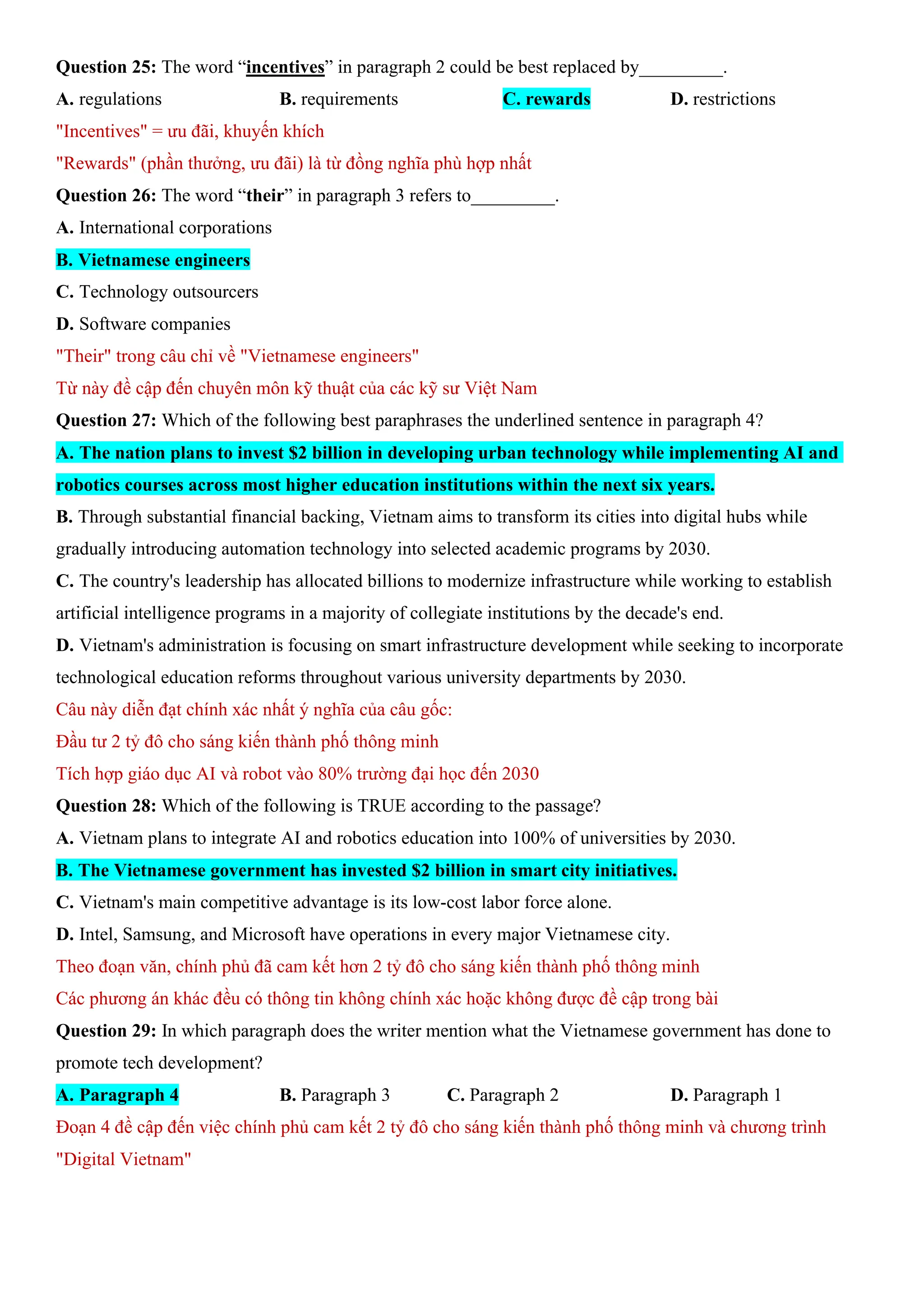 Question 25: The word “incentives” in paragraph 2 could be best replaced by_________.
A. regulations B. requirements C. rewards D. restrictions
"Incentives" = ưu đãi, khuyến khích
"Rewards" (phần thưởng, ưu đãi) là từ đồng nghĩa phù hợp nhất
Question 26: The word “their” in paragraph 3 refers to_________.
A. International corporations
B. Vietnamese engineers
C. Technology outsourcers
D. Software companies
"Their" trong câu chỉ về "Vietnamese engineers"
Từ này đề cập đến chuyên môn kỹ thuật của các kỹ sư Việt Nam
Question 27: Which of the following best paraphrases the underlined sentence in paragraph 4?
A. The nation plans to invest $2 billion in developing urban technology while implementing AI and
robotics courses across most higher education institutions within the next six years.
B. Through substantial financial backing, Vietnam aims to transform its cities into digital hubs while
gradually introducing automation technology into selected academic programs by 2030.
C. The country's leadership has allocated billions to modernize infrastructure while working to establish
artificial intelligence programs in a majority of collegiate institutions by the decade's end.
D. Vietnam's administration is focusing on smart infrastructure development while seeking to incorporate
technological education reforms throughout various university departments by 2030.
Câu này diễn đạt chính xác nhất ý nghĩa của câu gốc:
Đầu tư 2 tỷ đô cho sáng kiến thành phố thông minh
Tích hợp giáo dục AI và robot vào 80% trường đại học đến 2030
Question 28: Which of the following is TRUE according to the passage?
A. Vietnam plans to integrate AI and robotics education into 100% of universities by 2030.
B. The Vietnamese government has invested $2 billion in smart city initiatives.
C. Vietnam's main competitive advantage is its low-cost labor force alone.
D. Intel, Samsung, and Microsoft have operations in every major Vietnamese city.
Theo đoạn văn, chính phủ đã cam kết hơn 2 tỷ đô cho sáng kiến thành phố thông minh
Các phương án khác đều có thông tin không chính xác hoặc không được đề cập trong bài
Question 29: In which paragraph does the writer mention what the Vietnamese government has done to
promote tech development?
A. Paragraph 4 B. Paragraph 3 C. Paragraph 2 D. Paragraph 1
Đoạn 4 đề cập đến việc chính phủ cam kết 2 tỷ đô cho sáng kiến thành phố thông minh và chương trình
"Digital Vietnam"
 