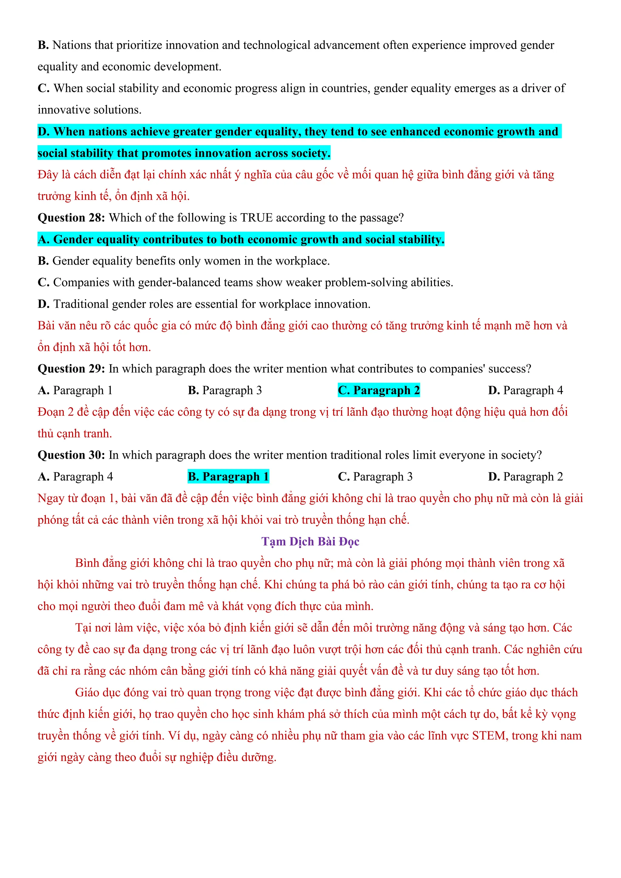 B. Nations that prioritize innovation and technological advancement often experience improved gender
equality and economic development.
C. When social stability and economic progress align in countries, gender equality emerges as a driver of
innovative solutions.
D. When nations achieve greater gender equality, they tend to see enhanced economic growth and
social stability that promotes innovation across society.
Đây là cách diễn đạt lại chính xác nhất ý nghĩa của câu gốc về mối quan hệ giữa bình đẳng giới và tăng
trưởng kinh tế, ổn định xã hội.
Question 28: Which of the following is TRUE according to the passage?
A. Gender equality contributes to both economic growth and social stability.
B. Gender equality benefits only women in the workplace.
C. Companies with gender-balanced teams show weaker problem-solving abilities.
D. Traditional gender roles are essential for workplace innovation.
Bài văn nêu rõ các quốc gia có mức độ bình đẳng giới cao thường có tăng trưởng kinh tế mạnh mẽ hơn và
ổn định xã hội tốt hơn.
Question 29: In which paragraph does the writer mention what contributes to companies' success?
A. Paragraph 1 B. Paragraph 3 C. Paragraph 2 D. Paragraph 4
Đoạn 2 đề cập đến việc các công ty có sự đa dạng trong vị trí lãnh đạo thường hoạt động hiệu quả hơn đối
thủ cạnh tranh.
Question 30: In which paragraph does the writer mention traditional roles limit everyone in society?
A. Paragraph 4 B. Paragraph 1 C. Paragraph 3 D. Paragraph 2
Ngay từ đoạn 1, bài văn đã đề cập đến việc bình đẳng giới không chỉ là trao quyền cho phụ nữ mà còn là giải
phóng tất cả các thành viên trong xã hội khỏi vai trò truyền thống hạn chế.
Tạm Dịch Bài Đọc
Bình đẳng giới không chỉ là trao quyền cho phụ nữ; mà còn là giải phóng mọi thành viên trong xã
hội khỏi những vai trò truyền thống hạn chế. Khi chúng ta phá bỏ rào cản giới tính, chúng ta tạo ra cơ hội
cho mọi người theo đuổi đam mê và khát vọng đích thực của mình.
Tại nơi làm việc, việc xóa bỏ định kiến giới sẽ dẫn đến môi trường năng động và sáng tạo hơn. Các
công ty đề cao sự đa dạng trong các vị trí lãnh đạo luôn vượt trội hơn các đối thủ cạnh tranh. Các nghiên cứu
đã chỉ ra rằng các nhóm cân bằng giới tính có khả năng giải quyết vấn đề và tư duy sáng tạo tốt hơn.
Giáo dục đóng vai trò quan trọng trong việc đạt được bình đẳng giới. Khi các tổ chức giáo dục thách
thức định kiến giới, họ trao quyền cho học sinh khám phá sở thích của mình một cách tự do, bất kể kỳ vọng
truyền thống về giới tính. Ví dụ, ngày càng có nhiều phụ nữ tham gia vào các lĩnh vực STEM, trong khi nam
giới ngày càng theo đuổi sự nghiệp điều dưỡng.
 