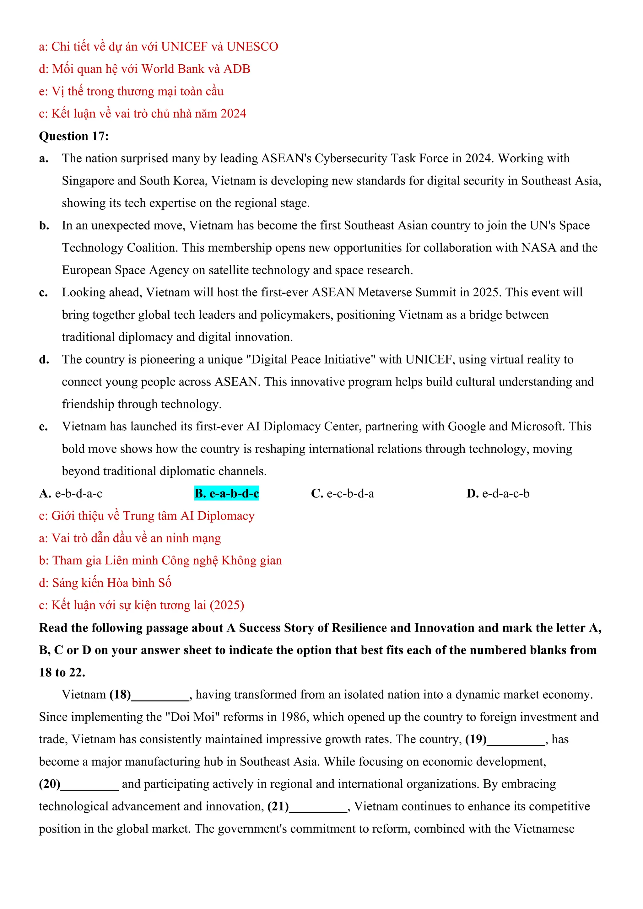 a: Chi tiết về dự án với UNICEF và UNESCO
d: Mối quan hệ với World Bank và ADB
e: Vị thế trong thương mại toàn cầu
c: Kết luận về vai trò chủ nhà năm 2024
Question 17:
a. The nation surprised many by leading ASEAN's Cybersecurity Task Force in 2024. Working with
Singapore and South Korea, Vietnam is developing new standards for digital security in Southeast Asia,
showing its tech expertise on the regional stage.
b. In an unexpected move, Vietnam has become the first Southeast Asian country to join the UN's Space
Technology Coalition. This membership opens new opportunities for collaboration with NASA and the
European Space Agency on satellite technology and space research.
c. Looking ahead, Vietnam will host the first-ever ASEAN Metaverse Summit in 2025. This event will
bring together global tech leaders and policymakers, positioning Vietnam as a bridge between
traditional diplomacy and digital innovation.
d. The country is pioneering a unique "Digital Peace Initiative" with UNICEF, using virtual reality to
connect young people across ASEAN. This innovative program helps build cultural understanding and
friendship through technology.
e. Vietnam has launched its first-ever AI Diplomacy Center, partnering with Google and Microsoft. This
bold move shows how the country is reshaping international relations through technology, moving
beyond traditional diplomatic channels.
A. e-b-d-a-c B. e-a-b-d-c C. e-c-b-d-a D. e-d-a-c-b
e: Giới thiệu về Trung tâm AI Diplomacy
a: Vai trò dẫn đầu về an ninh mạng
b: Tham gia Liên minh Công nghệ Không gian
d: Sáng kiến Hòa bình Số
c: Kết luận với sự kiện tương lai (2025)
Read the following passage about A Success Story of Resilience and Innovation and mark the letter A,
B, C or D on your answer sheet to indicate the option that best fits each of the numbered blanks from
18 to 22.
Vietnam (18)_________, having transformed from an isolated nation into a dynamic market economy.
Since implementing the "Doi Moi" reforms in 1986, which opened up the country to foreign investment and
trade, Vietnam has consistently maintained impressive growth rates. The country, (19)_________, has
become a major manufacturing hub in Southeast Asia. While focusing on economic development,
(20)_________ and participating actively in regional and international organizations. By embracing
technological advancement and innovation, (21)_________, Vietnam continues to enhance its competitive
position in the global market. The government's commitment to reform, combined with the Vietnamese
 