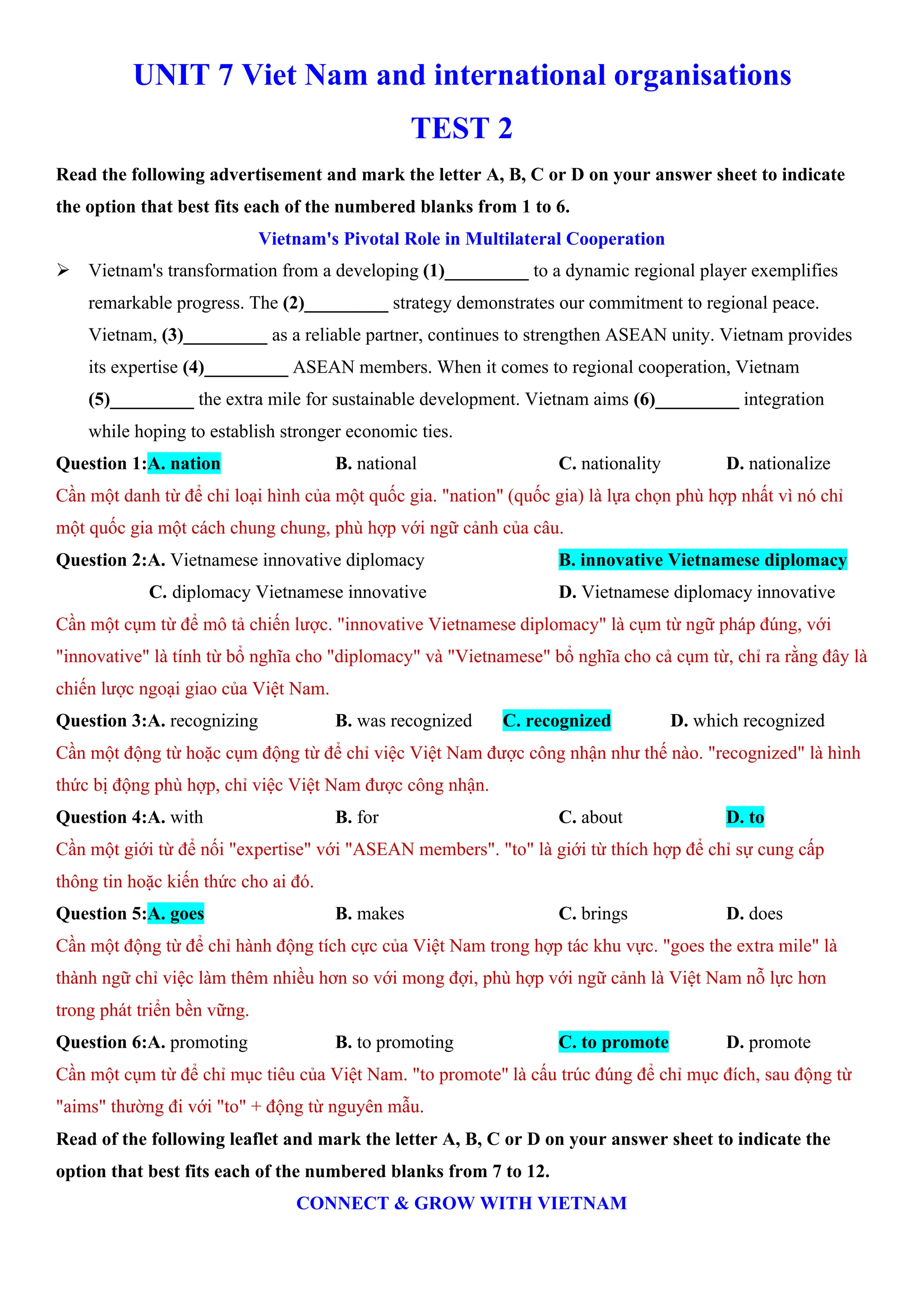 UNIT 7 Viet Nam and international organisations
TEST 2
Read the following advertisement and mark the letter A, B, C or D on your answer sheet to indicate
the option that best fits each of the numbered blanks from 1 to 6.
Vietnam's Pivotal Role in Multilateral Cooperation
ÿ Vietnam's transformation from a developing (1)_________ to a dynamic regional player exemplifies
remarkable progress. The (2)_________ strategy demonstrates our commitment to regional peace.
Vietnam, (3)_________ as a reliable partner, continues to strengthen ASEAN unity. Vietnam provides
its expertise (4)_________ ASEAN members. When it comes to regional cooperation, Vietnam
(5)_________ the extra mile for sustainable development. Vietnam aims (6)_________ integration
while hoping to establish stronger economic ties.
Question 1:A. nation B. national C. nationality D. nationalize
Cần một danh từ để chỉ loại hình của một quốc gia. "nation" (quốc gia) là lựa chọn phù hợp nhất vì nó chỉ
một quốc gia một cách chung chung, phù hợp với ngữ cảnh của câu.
Question 2:A. Vietnamese innovative diplomacy B. innovative Vietnamese diplomacy
C. diplomacy Vietnamese innovative D. Vietnamese diplomacy innovative
Cần một cụm từ để mô tả chiến lược. "innovative Vietnamese diplomacy" là cụm từ ngữ pháp đúng, với
"innovative" là tính từ bổ nghĩa cho "diplomacy" và "Vietnamese" bổ nghĩa cho cả cụm từ, chỉ ra rằng đây là
chiến lược ngoại giao của Việt Nam.
Question 3:A. recognizing B. was recognized C. recognized D. which recognized
Cần một động từ hoặc cụm động từ để chỉ việc Việt Nam được công nhận như thế nào. "recognized" là hình
thức bị động phù hợp, chỉ việc Việt Nam được công nhận.
Question 4:A. with B. for C. about D. to
Cần một giới từ để nối "expertise" với "ASEAN members". "to" là giới từ thích hợp để chỉ sự cung cấp
thông tin hoặc kiến thức cho ai đó.
Question 5:A. goes B. makes C. brings D. does
Cần một động từ để chỉ hành động tích cực của Việt Nam trong hợp tác khu vực. "goes the extra mile" là
thành ngữ chỉ việc làm thêm nhiều hơn so với mong đợi, phù hợp với ngữ cảnh là Việt Nam nỗ lực hơn
trong phát triển bền vững.
Question 6:A. promoting B. to promoting C. to promote D. promote
Cần một cụm từ để chỉ mục tiêu của Việt Nam. "to promote" là cấu trúc đúng để chỉ mục đích, sau động từ
"aims" thường đi với "to" + động từ nguyên mẫu.
Read of the following leaflet and mark the letter A, B, C or D on your answer sheet to indicate the
option that best fits each of the numbered blanks from 7 to 12.
CONNECT & GROW WITH VIETNAM
 