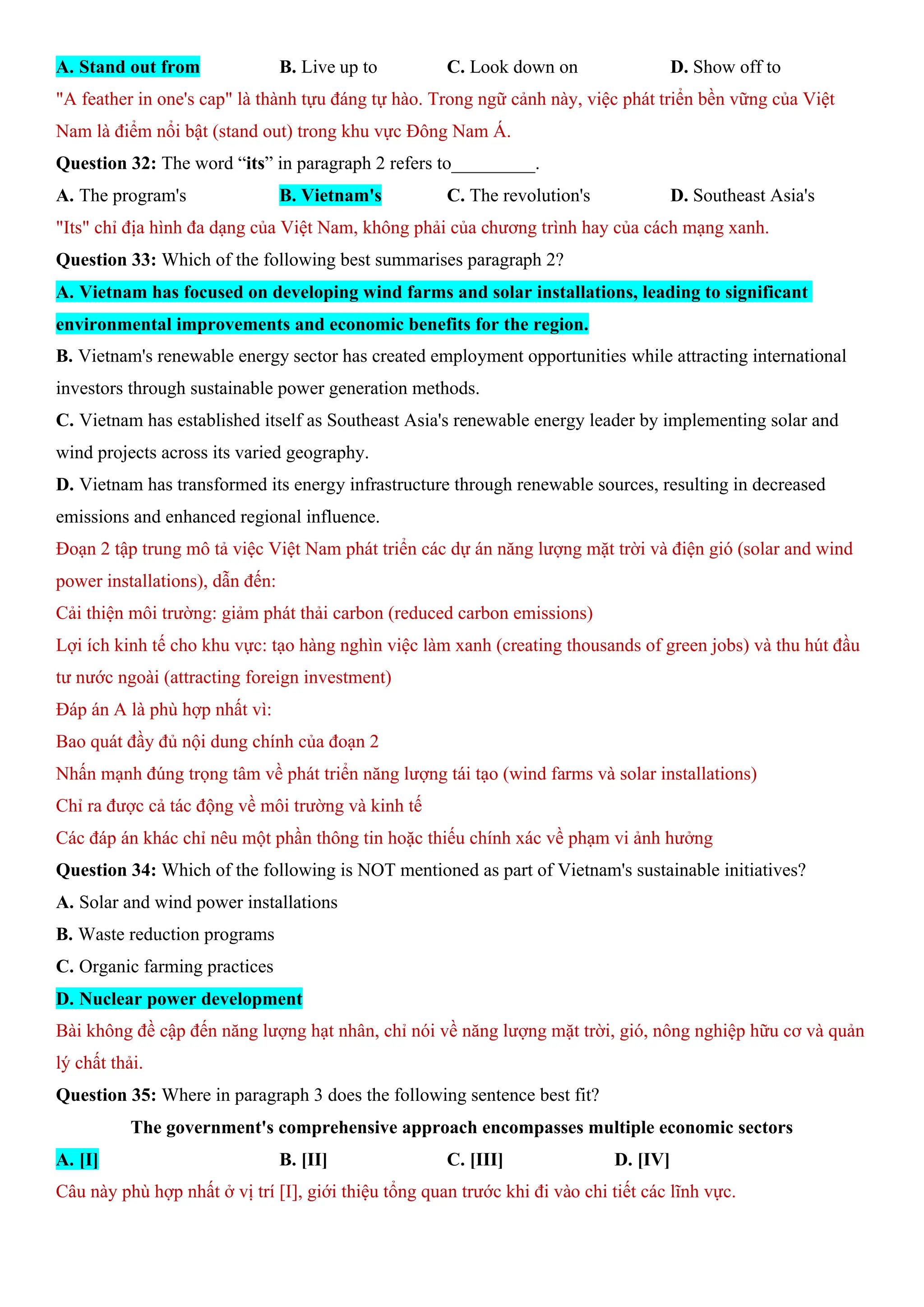 A. Stand out from B. Live up to C. Look down on D. Show off to
"A feather in one's cap" là thành tựu đáng tự hào. Trong ngữ cảnh này, việc phát triển bền vững của Việt
Nam là điểm nổi bật (stand out) trong khu vực Đông Nam Á.
Question 32: The word “its” in paragraph 2 refers to_________.
A. The program's B. Vietnam's C. The revolution's D. Southeast Asia's
"Its" chỉ địa hình đa dạng của Việt Nam, không phải của chương trình hay của cách mạng xanh.
Question 33: Which of the following best summarises paragraph 2?
A. Vietnam has focused on developing wind farms and solar installations, leading to significant
environmental improvements and economic benefits for the region.
B. Vietnam's renewable energy sector has created employment opportunities while attracting international
investors through sustainable power generation methods.
C. Vietnam has established itself as Southeast Asia's renewable energy leader by implementing solar and
wind projects across its varied geography.
D. Vietnam has transformed its energy infrastructure through renewable sources, resulting in decreased
emissions and enhanced regional influence.
Đoạn 2 tập trung mô tả việc Việt Nam phát triển các dự án năng lượng mặt trời và điện gió (solar and wind
power installations), dẫn đến:
Cải thiện môi trường: giảm phát thải carbon (reduced carbon emissions)
Lợi ích kinh tế cho khu vực: tạo hàng nghìn việc làm xanh (creating thousands of green jobs) và thu hút đầu
tư nước ngoài (attracting foreign investment)
Đáp án A là phù hợp nhất vì:
Bao quát đầy đủ nội dung chính của đoạn 2
Nhấn mạnh đúng trọng tâm về phát triển năng lượng tái tạo (wind farms và solar installations)
Chỉ ra được cả tác động về môi trường và kinh tế
Các đáp án khác chỉ nêu một phần thông tin hoặc thiếu chính xác về phạm vi ảnh hưởng
Question 34: Which of the following is NOT mentioned as part of Vietnam's sustainable initiatives?
A. Solar and wind power installations
B. Waste reduction programs
C. Organic farming practices
D. Nuclear power development
Bài không đề cập đến năng lượng hạt nhân, chỉ nói về năng lượng mặt trời, gió, nông nghiệp hữu cơ và quản
lý chất thải.
Question 35: Where in paragraph 3 does the following sentence best fit?
The government's comprehensive approach encompasses multiple economic sectors
A. [I] B. [II] C. [III] D. [IV]
Câu này phù hợp nhất ở vị trí [I], giới thiệu tổng quan trước khi đi vào chi tiết các lĩnh vực.
 