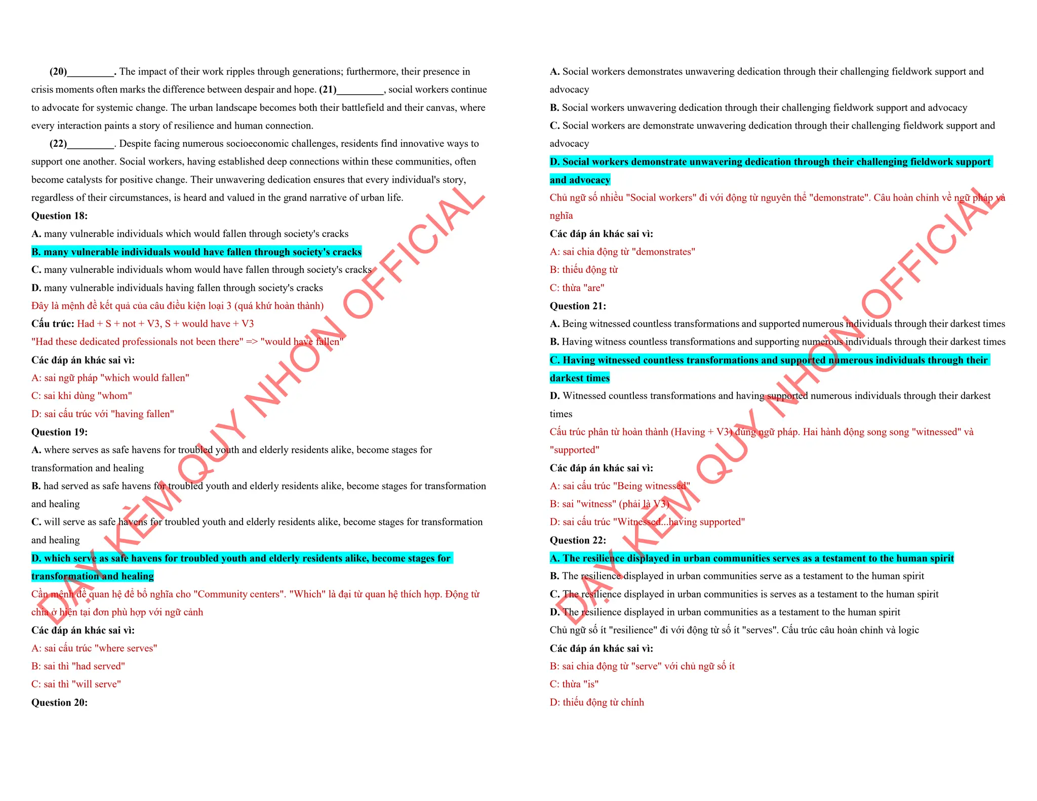 (20)_________. The impact of their work ripples through generations; furthermore, their presence in
crisis moments often marks the difference between despair and hope. (21)_________, social workers continue
to advocate for systemic change. The urban landscape becomes both their battlefield and their canvas, where
every interaction paints a story of resilience and human connection.
(22)_________. Despite facing numerous socioeconomic challenges, residents find innovative ways to
support one another. Social workers, having established deep connections within these communities, often
become catalysts for positive change. Their unwavering dedication ensures that every individual's story,
regardless of their circumstances, is heard and valued in the grand narrative of urban life.
Question 18:
A. many vulnerable individuals which would fallen through society's cracks
B. many vulnerable individuals would have fallen through society's cracks
C. many vulnerable individuals whom would have fallen through society's cracks
D. many vulnerable individuals having fallen through society's cracks
Đây là mệnh đề kết quả của câu điều kiện loại 3 (quá khứ hoàn thành)
Cấu trúc: Had + S + not + V3, S + would have + V3
"Had these dedicated professionals not been there" => "would have fallen"
Các đáp án khác sai vì:
A: sai ngữ pháp "which would fallen"
C: sai khi dùng "whom"
D: sai cấu trúc với "having fallen"
Question 19:
A. where serves as safe havens for troubled youth and elderly residents alike, become stages for
transformation and healing
B. had served as safe havens for troubled youth and elderly residents alike, become stages for transformation
and healing
C. will serve as safe havens for troubled youth and elderly residents alike, become stages for transformation
and healing
D. which serve as safe havens for troubled youth and elderly residents alike, become stages for
transformation and healing
Cần mệnh đề quan hệ để bổ nghĩa cho "Community centers". "Which" là đại từ quan hệ thích hợp. Động từ
chia ở hiện tại đơn phù hợp với ngữ cảnh
Các đáp án khác sai vì:
A: sai cấu trúc "where serves"
B: sai thì "had served"
C: sai thì "will serve"
Question 20:
D
Ạ
Y
K
È
M
Q
U
Y
N
H
Ơ
N
O
F
F
I
C
I
A
L
A. Social workers demonstrates unwavering dedication through their challenging fieldwork support and
advocacy
B. Social workers unwavering dedication through their challenging fieldwork support and advocacy
C. Social workers are demonstrate unwavering dedication through their challenging fieldwork support and
advocacy
D. Social workers demonstrate unwavering dedication through their challenging fieldwork support
and advocacy
Chủ ngữ số nhiều "Social workers" đi với động từ nguyên thể "demonstrate". Câu hoàn chỉnh về ngữ pháp và
nghĩa
Các đáp án khác sai vì:
A: sai chia động từ "demonstrates"
B: thiếu động từ
C: thừa "are"
Question 21:
A. Being witnessed countless transformations and supported numerous individuals through their darkest times
B. Having witness countless transformations and supporting numerous individuals through their darkest times
C. Having witnessed countless transformations and supported numerous individuals through their
darkest times
D. Witnessed countless transformations and having supported numerous individuals through their darkest
times
Cấu trúc phân từ hoàn thành (Having + V3) đúng ngữ pháp. Hai hành động song song "witnessed" và
"supported"
Các đáp án khác sai vì:
A: sai cấu trúc "Being witnessed"
B: sai "witness" (phải là V3)
D: sai cấu trúc "Witnessed...having supported"
Question 22:
A. The resilience displayed in urban communities serves as a testament to the human spirit
B. The resilience displayed in urban communities serve as a testament to the human spirit
C. The resilience displayed in urban communities is serves as a testament to the human spirit
D. The resilience displayed in urban communities as a testament to the human spirit
Chủ ngữ số ít "resilience" đi với động từ số ít "serves". Cấu trúc câu hoàn chỉnh và logic
Các đáp án khác sai vì:
B: sai chia động từ "serve" với chủ ngữ số ít
C: thừa "is"
D: thiếu động từ chính
D
Ạ
Y
K
È
M
Q
U
Y
N
H
Ơ
N
O
F
F
I
C
I
A
L
 