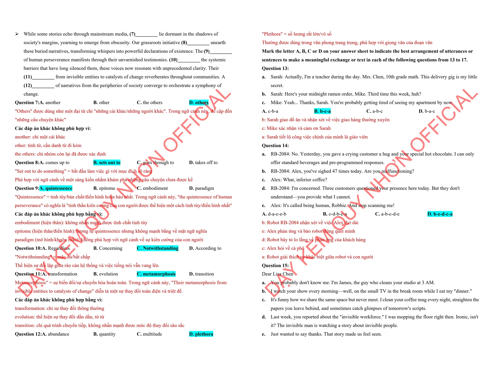 ÿ While some stories echo through mainstream media, (7)_________ lie dormant in the shadows of
society's margins, yearning to emerge from obscurity. Our grassroots initiative (8)_________ unearth
these buried narratives, transforming whispers into powerful declarations of existence. The (9)_________
of human perseverance manifests through their unvarnished testimonies. (10)_________ the systemic
barriers that have long silenced them, these voices now resonate with unprecedented clarity. Their
(11)_________ from invisible entities to catalysts of change reverberates throughout communities. A
(12)_________ of narratives from the peripheries of society converge to orchestrate a symphony of
change.
Question 7:A. another B. other C. the others D. others
"Others" được dùng như một đại từ chỉ "những cái khác/những người khác". Trong ngữ cảnh này, đề cập đến
"những câu chuyện khác"
Các đáp án khác không phù hợp vì:
another: chỉ một cái khác
other: tính từ, cần danh từ đi kèm
the others: chỉ nhóm còn lại đã được xác định
Question 8:A. comes up to B. sets out to C. goes through to D. takes off to
"Set out to do something" = bắt đầu làm việc gì với mục đích rõ ràng
Phù hợp với ngữ cảnh về một sáng kiến nhằm khám phá những câu chuyện chưa được kể
Question 9:A. quintessence B. epitome C. embodiment D. paradigm
"Quintessence" = tinh túy/bản chất/điển hình hoàn hảo nhất. Trong ngữ cảnh này, "the quintessence of human
perseverance" có nghĩa là "tinh thần kiên cường của con người được thể hiện một cách tinh túy/điển hình nhất"
Các đáp án khác không phù hợp bằng vì:
embodiment (hiện thân): không nhấn mạnh được tính chất tinh túy
epitome (hiện thân/điển hình): tương tự quintessence nhưng không mạnh bằng về mặt ngữ nghĩa
paradigm (mô hình/khuôn mẫu): không phù hợp với ngữ cảnh về sự kiên cường của con người
Question 10:A. Regardless B. Concerning C. Notwithstanding D. According to
"Notwithstanding" = mặc dù/bất chấp
Thể hiện sự đối lập giữa rào cản hệ thống và việc tiếng nói vẫn vang lên
Question 11:A. transformation B. evolution C. metamorphosis D. transition
Metamorphosis" = sự biến đổi/sự chuyển hóa hoàn toàn. Trong ngữ cảnh này, "Their metamorphosis from
invisible entities to catalysts of change" diễn tả một sự thay đổi toàn diện và triệt để.
Các đáp án khác không phù hợp bằng vì:
transformation: chỉ sự thay đổi thông thường
evolution: thể hiện sự thay đổi dần dần, từ từ
transition: chỉ quá trình chuyển tiếp, không nhấn mạnh được mức độ thay đổi sâu sắc
Question 12:A. abundance B. quantity C. multitude D. plethora
D
Ạ
Y
K
È
M
Q
U
Y
N
H
Ơ
N
O
F
F
I
C
I
A
L
"Plethora" = số lượng rất lớn/vô số
Thường được dùng trong văn phong trang trọng, phù hợp với giọng văn của đoạn văn
Mark the letter A, B, C or D on your answer sheet to indicate the best arrangement of utterances or
sentences to make a meaningful exchange or text in each of the following questions from 13 to 17.
Question 13:
a. Sarah: Actually, I'm a teacher during the day. Mrs. Chen, 10th grade math. This delivery gig is my little
secret.
b. Sarah: Here's your midnight ramen order, Mike. Third time this week, huh?
c. Mike: Yeah... Thanks, Sarah. You're probably getting tired of seeing my apartment by now.
A. c-b-a B. b-c-a C. a-b-c D. b-a-c
b: Sarah giao đồ ăn và nhận xét về việc giao hàng thường xuyên
c: Mike xác nhận và cảm ơn Sarah
a: Sarah tiết lộ công việc chính của mình là giáo viên
Question 14:
a. RB-2084: No. Yesterday, you gave a crying customer a hug and your special hot chocolate. I can only
offer standard beverages and pre-programmed responses.
b. RB-2084: Alex, you've sighed 47 times today. Are you malfunctioning?
c. Alex: What, inferior coffee?
d. RB-2084: I'm concerned. Three customers questioned your presence here today. But they don't
understand—you provide what I cannot.
e. Alex: It's called being human, Robbie. And stop scanning me!
A. d-a-c-e-b B. c-d-b-e-a C. a-b-c-d-e D. b-e-d-c-a
b: Robot RB-2084 nhận xét về việc Alex thở dài
e: Alex phản ứng và bảo robot đừng quét mình
d: Robot bày tỏ lo lắng về phản ứng của khách hàng
c: Alex hỏi về cà phê
a: Robot giải thích sự khác biệt giữa robot và con người
Question 15:
Dear Lisa Chen
a. You probably don't know me. I'm James, the guy who cleans your studio at 3 AM.
b. I watch your show every morning—well, on the small TV in the break room while I eat my "dinner."
c. It's funny how we share the same space but never meet. I clean your coffee mug every night, straighten the
papers you leave behind, and sometimes catch glimpses of tomorrow's scripts.
d. Last week, you reported about the "invisible workforce." I was mopping the floor right then. Ironic, isn't
it? The invisible man is watching a story about invisible people.
e. Just wanted to say thanks. That story made us feel seen.
D
Ạ
Y
K
È
M
Q
U
Y
N
H
Ơ
N
O
F
F
I
C
I
A
L
 