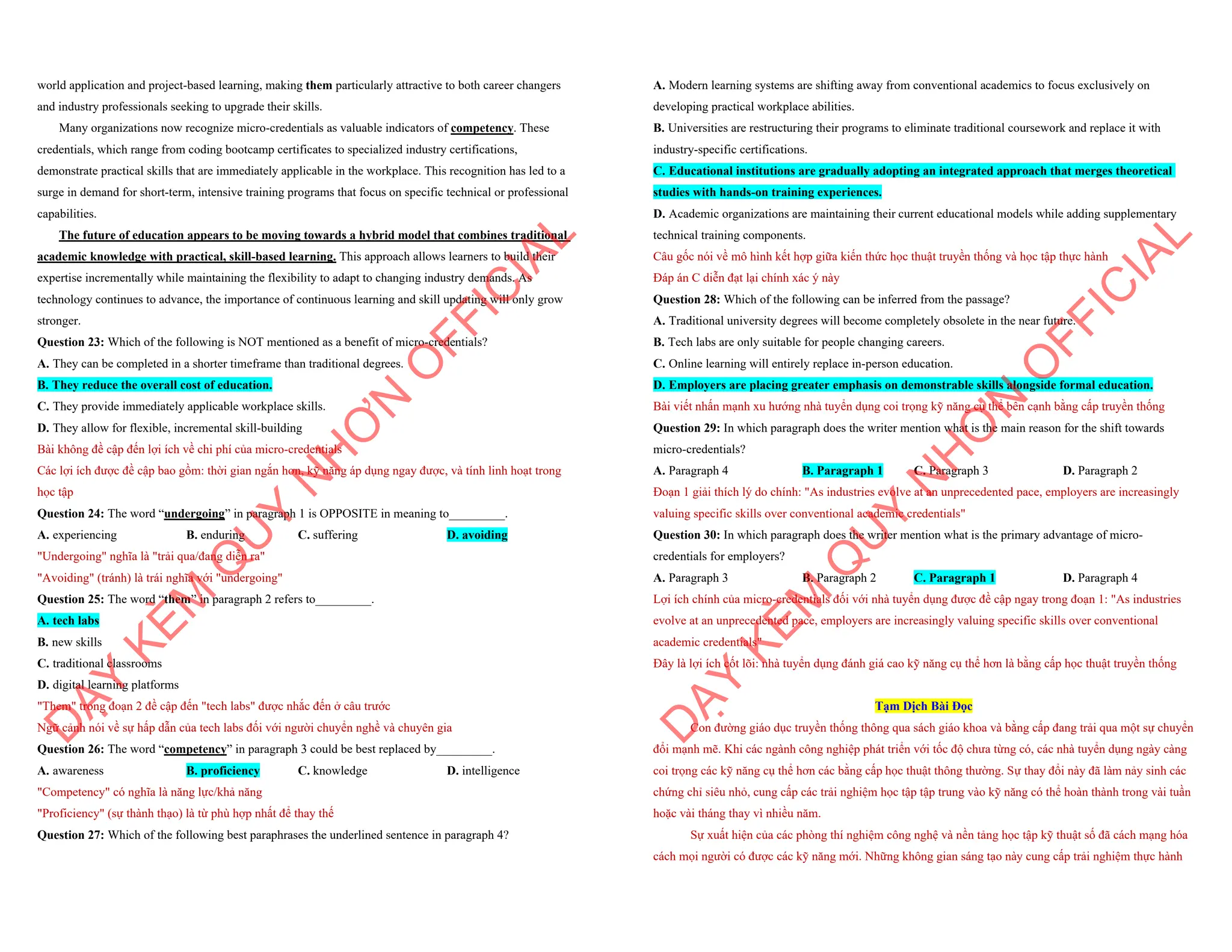 world application and project-based learning, making them particularly attractive to both career changers
and industry professionals seeking to upgrade their skills.
Many organizations now recognize micro-credentials as valuable indicators of competency. These
credentials, which range from coding bootcamp certificates to specialized industry certifications,
demonstrate practical skills that are immediately applicable in the workplace. This recognition has led to a
surge in demand for short-term, intensive training programs that focus on specific technical or professional
capabilities.
The future of education appears to be moving towards a hybrid model that combines traditional
academic knowledge with practical, skill-based learning. This approach allows learners to build their
expertise incrementally while maintaining the flexibility to adapt to changing industry demands. As
technology continues to advance, the importance of continuous learning and skill updating will only grow
stronger.
Question 23: Which of the following is NOT mentioned as a benefit of micro-credentials?
A. They can be completed in a shorter timeframe than traditional degrees.
B. They reduce the overall cost of education.
C. They provide immediately applicable workplace skills.
D. They allow for flexible, incremental skill-building
Bài không đề cập đến lợi ích về chi phí của micro-credentials
Các lợi ích được đề cập bao gồm: thời gian ngắn hơn, kỹ năng áp dụng ngay được, và tính linh hoạt trong
học tập
Question 24: The word “undergoing” in paragraph 1 is OPPOSITE in meaning to_________.
A. experiencing B. enduring C. suffering D. avoiding
"Undergoing" nghĩa là "trải qua/đang diễn ra"
"Avoiding" (tránh) là trái nghĩa với "undergoing"
Question 25: The word “them” in paragraph 2 refers to_________.
A. tech labs
B. new skills
C. traditional classrooms
D. digital learning platforms
"Them" trong đoạn 2 đề cập đến "tech labs" được nhắc đến ở câu trước
Ngữ cảnh nói về sự hấp dẫn của tech labs đối với người chuyển nghề và chuyên gia
Question 26: The word “competency” in paragraph 3 could be best replaced by_________.
A. awareness B. proficiency C. knowledge D. intelligence
"Competency" có nghĩa là năng lực/khả năng
"Proficiency" (sự thành thạo) là từ phù hợp nhất để thay thế
Question 27: Which of the following best paraphrases the underlined sentence in paragraph 4?
D
Ạ
Y
K
È
M
Q
U
Y
N
H
Ơ
N
O
F
F
I
C
I
A
L
A. Modern learning systems are shifting away from conventional academics to focus exclusively on
developing practical workplace abilities.
B. Universities are restructuring their programs to eliminate traditional coursework and replace it with
industry-specific certifications.
C. Educational institutions are gradually adopting an integrated approach that merges theoretical
studies with hands-on training experiences.
D. Academic organizations are maintaining their current educational models while adding supplementary
technical training components.
Câu gốc nói về mô hình kết hợp giữa kiến thức học thuật truyền thống và học tập thực hành
Đáp án C diễn đạt lại chính xác ý này
Question 28: Which of the following can be inferred from the passage?
A. Traditional university degrees will become completely obsolete in the near future.
B. Tech labs are only suitable for people changing careers.
C. Online learning will entirely replace in-person education.
D. Employers are placing greater emphasis on demonstrable skills alongside formal education.
Bài viết nhấn mạnh xu hướng nhà tuyển dụng coi trọng kỹ năng cụ thể bên cạnh bằng cấp truyền thống
Question 29: In which paragraph does the writer mention what is the main reason for the shift towards
micro-credentials?
A. Paragraph 4 B. Paragraph 1 C. Paragraph 3 D. Paragraph 2
Đoạn 1 giải thích lý do chính: "As industries evolve at an unprecedented pace, employers are increasingly
valuing specific skills over conventional academic credentials"
Question 30: In which paragraph does the writer mention what is the primary advantage of micro-
credentials for employers?
A. Paragraph 3 B. Paragraph 2 C. Paragraph 1 D. Paragraph 4
Lợi ích chính của micro-credentials đối với nhà tuyển dụng được đề cập ngay trong đoạn 1: "As industries
evolve at an unprecedented pace, employers are increasingly valuing specific skills over conventional
academic credentials"
Đây là lợi ích cốt lõi: nhà tuyển dụng đánh giá cao kỹ năng cụ thể hơn là bằng cấp học thuật truyền thống
Tạm Dịch Bài Đọc
Con đường giáo dục truyền thống thông qua sách giáo khoa và bằng cấp đang trải qua một sự chuyển
đổi mạnh mẽ. Khi các ngành công nghiệp phát triển với tốc độ chưa từng có, các nhà tuyển dụng ngày càng
coi trọng các kỹ năng cụ thể hơn các bằng cấp học thuật thông thường. Sự thay đổi này đã làm nảy sinh các
chứng chỉ siêu nhỏ, cung cấp các trải nghiệm học tập tập trung vào kỹ năng có thể hoàn thành trong vài tuần
hoặc vài tháng thay vì nhiều năm.
Sự xuất hiện của các phòng thí nghiệm công nghệ và nền tảng học tập kỹ thuật số đã cách mạng hóa
cách mọi người có được các kỹ năng mới. Những không gian sáng tạo này cung cấp trải nghiệm thực hành
D
Ạ
Y
K
È
M
Q
U
Y
N
H
Ơ
N
O
F
F
I
C
I
A
L
 