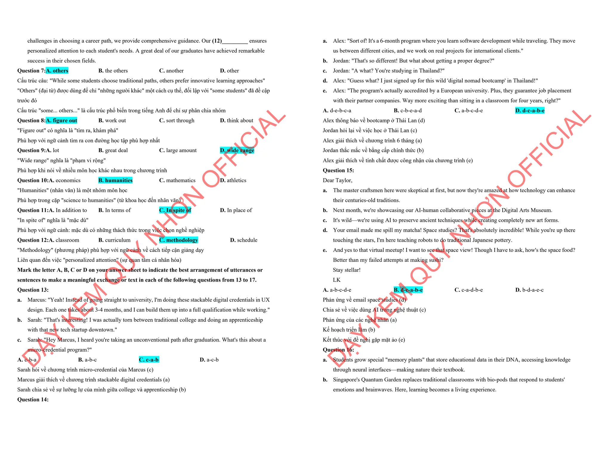 challenges in choosing a career path, we provide comprehensive guidance. Our (12)_________ ensures
personalized attention to each student's needs. A great deal of our graduates have achieved remarkable
success in their chosen fields.
Question 7:A. others B. the others C. another D. other
Cấu trúc câu: "While some students choose traditional paths, others prefer innovative learning approaches"
"Others" (đại từ) được dùng để chỉ "những người khác" một cách cụ thể, đối lập với "some students" đã đề cập
trước đó
Cấu trúc "some... others..." là cấu trúc phổ biến trong tiếng Anh để chỉ sự phân chia nhóm
Question 8:A. figure out B. work out C. sort through D. think about
"Figure out" có nghĩa là "tìm ra, khám phá"
Phù hợp với ngữ cảnh tìm ra con đường học tập phù hợp nhất
Question 9:A. lot B. great deal C. large amount D. wide range
"Wide range" nghĩa là "phạm vi rộng"
Phù hợp khi nói về nhiều môn học khác nhau trong chương trình
Question 10:A. economics B. humanities C. mathematics D. athletics
"Humanities" (nhân văn) là một nhóm môn học
Phù hợp trong cặp "science to humanities" (từ khoa học đến nhân văn)
Question 11:A. In addition to B. In terms of C. In spite of D. In place of
"In spite of" nghĩa là "mặc dù"
Phù hợp với ngữ cảnh: mặc dù có những thách thức trong việc chọn nghề nghiệp
Question 12:A. classroom B. curriculum C. methodology D. schedule
"Methodology" (phương pháp) phù hợp với ngữ cảnh về cách tiếp cận giảng dạy
Liên quan đến việc "personalized attention" (sự quan tâm cá nhân hóa)
Mark the letter A, B, C or D on your answer sheet to indicate the best arrangement of utterances or
sentences to make a meaningful exchange or text in each of the following questions from 13 to 17.
Question 13:
a. Marcus: "Yeah! Instead of going straight to university, I'm doing these stackable digital credentials in UX
design. Each one takes about 3-4 months, and I can build them up into a full qualification while working."
b. Sarah: "That's interesting! I was actually torn between traditional college and doing an apprenticeship
with that new tech startup downtown."
c. Sarah: "Hey Marcus, I heard you're taking an unconventional path after graduation. What's this about a
micro-credential program?"
A. c-b-a B. a-b-c C. c-a-b D. a-c-b
Sarah hỏi về chương trình micro-credential của Marcus (c)
Marcus giải thích về chương trình stackable digital credentials (a)
Sarah chia sẻ về sự lưỡng lự của mình giữa college và apprenticeship (b)
Question 14:
D
Ạ
Y
K
È
M
Q
U
Y
N
H
Ơ
N
O
F
F
I
C
I
A
L
a. Alex: "Sort of! It's a 6-month program where you learn software development while traveling. They move
us between different cities, and we work on real projects for international clients."
b. Jordan: "That's so different! But what about getting a proper degree?"
c. Jordan: "A what? You're studying in Thailand?"
d. Alex: "Guess what? I just signed up for this wild 'digital nomad bootcamp' in Thailand!"
e. Alex: "The program's actually accredited by a European university. Plus, they guarantee job placement
with their partner companies. Way more exciting than sitting in a classroom for four years, right?"
A. d-e-b-c-a B. c-b-e-a-d C. a-b-c-d-e D. d-c-a-b-e
Alex thông báo về bootcamp ở Thái Lan (d)
Jordan hỏi lại về việc học ở Thái Lan (c)
Alex giải thích về chương trình 6 tháng (a)
Jordan thắc mắc về bằng cấp chính thức (b)
Alex giải thích về tính chất được công nhận của chương trình (e)
Question 15:
Dear Taylor,
a. The master craftsmen here were skeptical at first, but now they're amazed at how technology can enhance
their centuries-old traditions.
b. Next month, we're showcasing our AI-human collaborative pieces at the Digital Arts Museum.
c. It's wild—we're using AI to preserve ancient techniques while creating completely new art forms.
d. Your email made me spill my matcha! Space studies? That's absolutely incredible! While you're up there
touching the stars, I'm here teaching robots to do traditional Japanese pottery.
e. And yes to that virtual meetup! I want to see that space view! Though I have to ask, how's the space food?
Better than my failed attempts at making sushi?
Stay stellar!
LK
A. a-b-c-d-e B. d-c-a-b-e C. c-a-d-b-e D. b-d-a-e-c
Phản ứng về email space studies (d)
Chia sẻ về việc dùng AI trong nghệ thuật (c)
Phản ứng của các nghệ nhân (a)
Kế hoạch triển lãm (b)
Kết thúc với đề nghị gặp mặt ảo (e)
Question 16:
a. Students grow special "memory plants" that store educational data in their DNA, accessing knowledge
through neural interfaces—making nature their textbook.
b. Singapore's Quantum Garden replaces traditional classrooms with bio-pods that respond to students'
emotions and brainwaves. Here, learning becomes a living experience.
D
Ạ
Y
K
È
M
Q
U
Y
N
H
Ơ
N
O
F
F
I
C
I
A
L
 