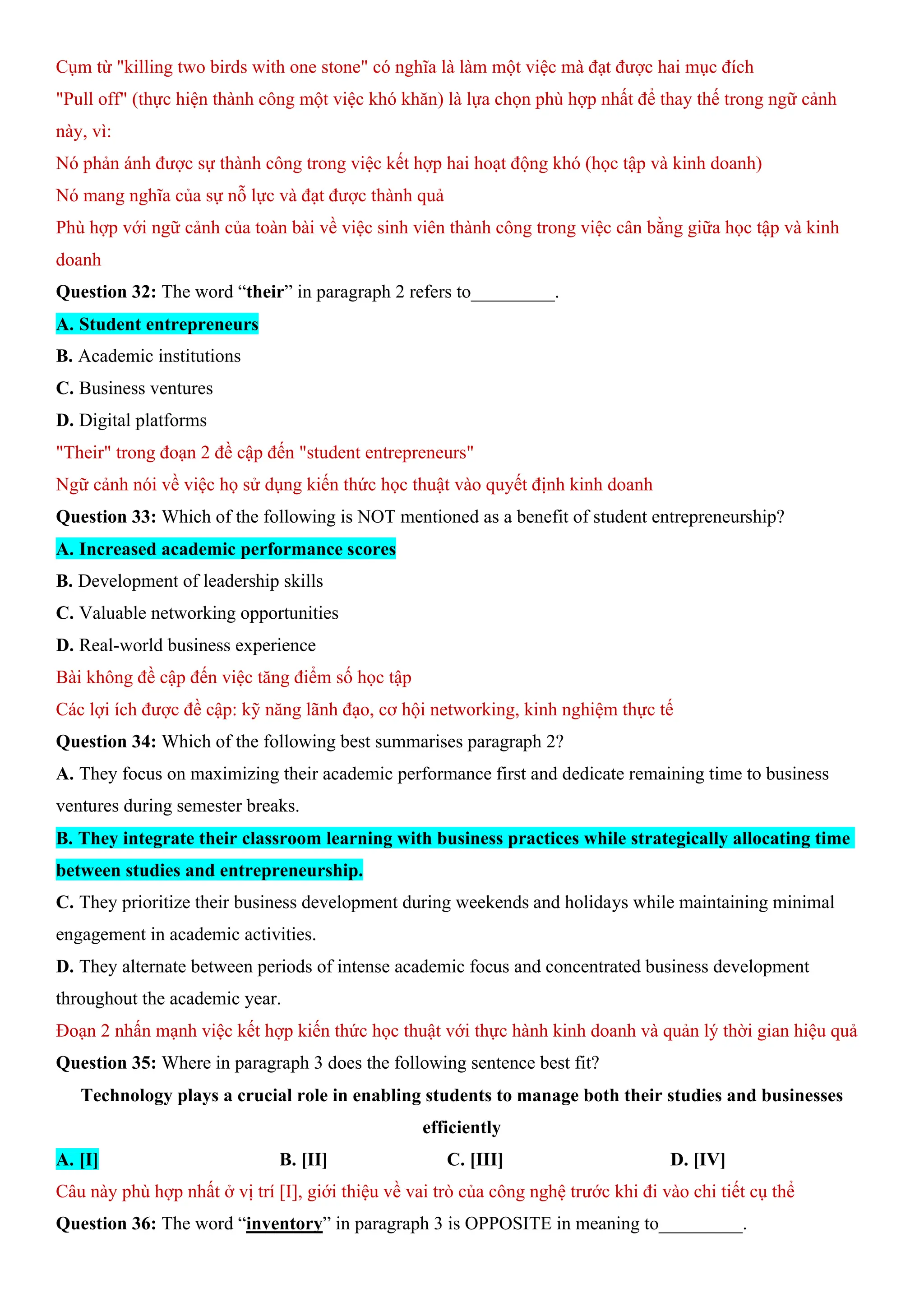 Cụm từ "killing two birds with one stone" có nghĩa là làm một việc mà đạt được hai mục đích
"Pull off" (thực hiện thành công một việc khó khăn) là lựa chọn phù hợp nhất để thay thế trong ngữ cảnh
này, vì:
Nó phản ánh được sự thành công trong việc kết hợp hai hoạt động khó (học tập và kinh doanh)
Nó mang nghĩa của sự nỗ lực và đạt được thành quả
Phù hợp với ngữ cảnh của toàn bài về việc sinh viên thành công trong việc cân bằng giữa học tập và kinh
doanh
Question 32: The word “their” in paragraph 2 refers to_________.
A. Student entrepreneurs
B. Academic institutions
C. Business ventures
D. Digital platforms
"Their" trong đoạn 2 đề cập đến "student entrepreneurs"
Ngữ cảnh nói về việc họ sử dụng kiến thức học thuật vào quyết định kinh doanh
Question 33: Which of the following is NOT mentioned as a benefit of student entrepreneurship?
A. Increased academic performance scores
B. Development of leadership skills
C. Valuable networking opportunities
D. Real-world business experience
Bài không đề cập đến việc tăng điểm số học tập
Các lợi ích được đề cập: kỹ năng lãnh đạo, cơ hội networking, kinh nghiệm thực tế
Question 34: Which of the following best summarises paragraph 2?
A. They focus on maximizing their academic performance first and dedicate remaining time to business
ventures during semester breaks.
B. They integrate their classroom learning with business practices while strategically allocating time
between studies and entrepreneurship.
C. They prioritize their business development during weekends and holidays while maintaining minimal
engagement in academic activities.
D. They alternate between periods of intense academic focus and concentrated business development
throughout the academic year.
Đoạn 2 nhấn mạnh việc kết hợp kiến thức học thuật với thực hành kinh doanh và quản lý thời gian hiệu quả
Question 35: Where in paragraph 3 does the following sentence best fit?
Technology plays a crucial role in enabling students to manage both their studies and businesses
efficiently
A. [I] B. [II] C. [III] D. [IV]
Câu này phù hợp nhất ở vị trí [I], giới thiệu về vai trò của công nghệ trước khi đi vào chi tiết cụ thể
Question 36: The word “inventory” in paragraph 3 is OPPOSITE in meaning to_________.
 