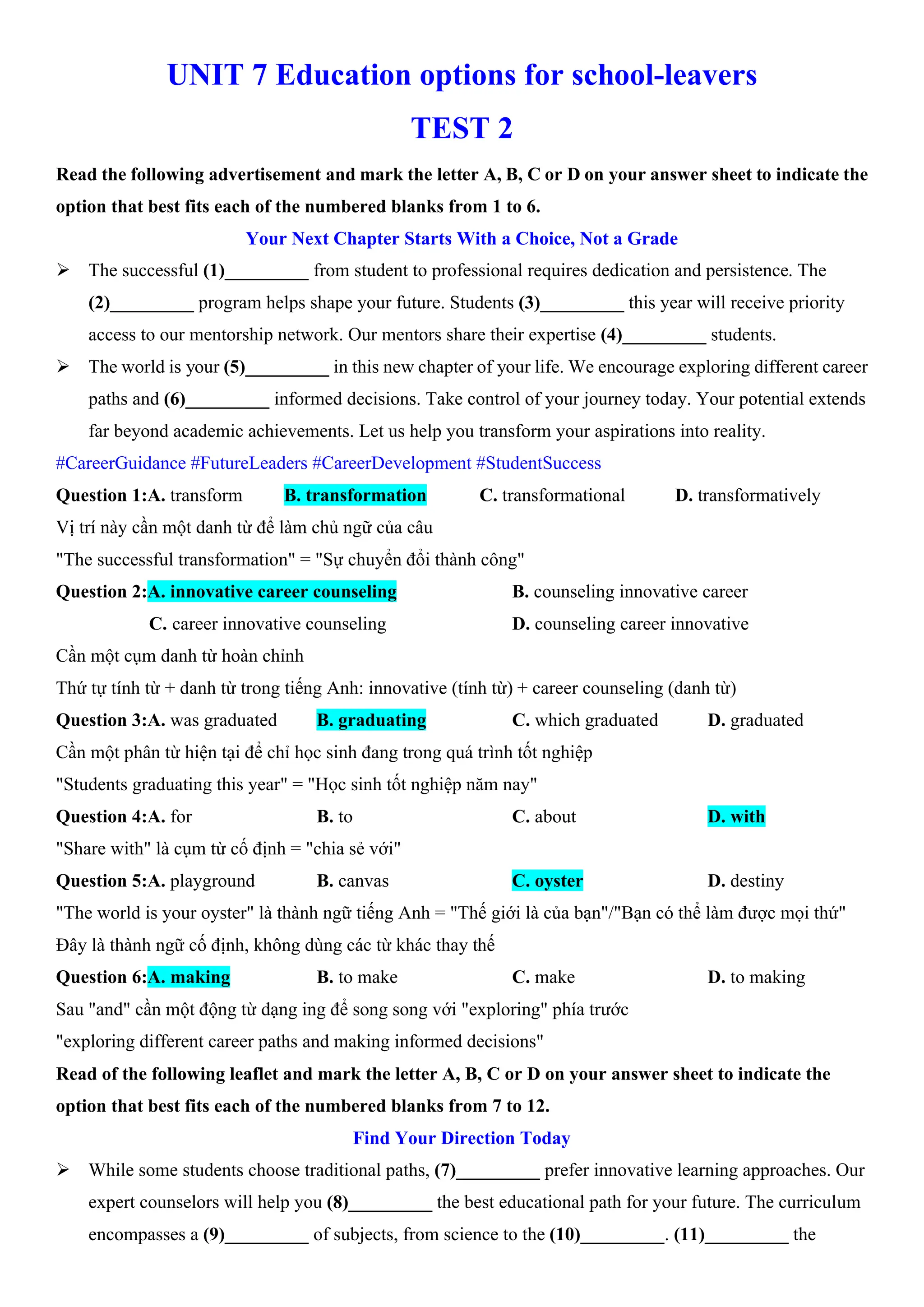 UNIT 7 Education options for school-leavers
TEST 2
Read the following advertisement and mark the letter A, B, C or D on your answer sheet to indicate the
option that best fits each of the numbered blanks from 1 to 6.
Your Next Chapter Starts With a Choice, Not a Grade
ÿ The successful (1)_________ from student to professional requires dedication and persistence. The
(2)_________ program helps shape your future. Students (3)_________ this year will receive priority
access to our mentorship network. Our mentors share their expertise (4)_________ students.
ÿ The world is your (5)_________ in this new chapter of your life. We encourage exploring different career
paths and (6)_________ informed decisions. Take control of your journey today. Your potential extends
far beyond academic achievements. Let us help you transform your aspirations into reality.
#CareerGuidance #FutureLeaders #CareerDevelopment #StudentSuccess
Question 1:A. transform B. transformation C. transformational D. transformatively
Vị trí này cần một danh từ để làm chủ ngữ của câu
"The successful transformation" = "Sự chuyển đổi thành công"
Question 2:A. innovative career counseling B. counseling innovative career
C. career innovative counseling D. counseling career innovative
Cần một cụm danh từ hoàn chỉnh
Thứ tự tính từ + danh từ trong tiếng Anh: innovative (tính từ) + career counseling (danh từ)
Question 3:A. was graduated B. graduating C. which graduated D. graduated
Cần một phân từ hiện tại để chỉ học sinh đang trong quá trình tốt nghiệp
"Students graduating this year" = "Học sinh tốt nghiệp năm nay"
Question 4:A. for B. to C. about D. with
"Share with" là cụm từ cố định = "chia sẻ với"
Question 5:A. playground B. canvas C. oyster D. destiny
"The world is your oyster" là thành ngữ tiếng Anh = "Thế giới là của bạn"/"Bạn có thể làm được mọi thứ"
Đây là thành ngữ cố định, không dùng các từ khác thay thế
Question 6:A. making B. to make C. make D. to making
Sau "and" cần một động từ dạng ing để song song với "exploring" phía trước
"exploring different career paths and making informed decisions"
Read of the following leaflet and mark the letter A, B, C or D on your answer sheet to indicate the
option that best fits each of the numbered blanks from 7 to 12.
Find Your Direction Today
ÿ While some students choose traditional paths, (7)_________ prefer innovative learning approaches. Our
expert counselors will help you (8)_________ the best educational path for your future. The curriculum
encompasses a (9)_________ of subjects, from science to the (10)_________. (11)_________ the
 