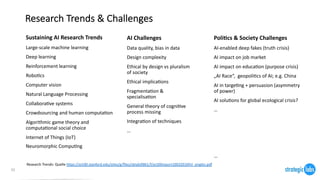 Research Trends & Challenges
Sustaining AI Research Trends
Large-scale machine learning
Deep learning
Reinforcement learning
Robo:cs
Computer vision
Natural Language Processing
Collabora:ve systems
Crowdsourcing and human computa:on
Algorithmic game theory and
computa:onal social choice
Internet of Things (IoT)
Neuromorphic Compu:ng
Research Trends: Quelle hdps://ai100.stanford.edu/sites/g/ﬁles/sbiybj9861/f/ai100report10032016fnl_singles.pdf
10
AI Challenges
Data quality, bias in data
Design complexity
Ethical by design vs pluralism
of society
Ethical implica:ons
Fragmenta:on &
specialisa:on
General theory of cogni:ve
process missing
Integra:on of techniques
…
Poli=cs & Society Challenges
AI-enabled deep fakes (truth crisis)
AI impact on job market
AI impact on educa:on (purpose crisis)
„AI Race“, geopoli:cs of AI; e.g. China
AI in targe:ng + persuasion (asymmetry
of power)
AI solu:ons for global ecological crisis?
…
…
 