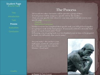 Student Page Title Introduction Task Process Evaluation Conclusion Credits [ Teacher Page ] You and two other classmates will be put into a group of three. Each person will be assigned a specific role by the teacher.  Click on your specific role when it is your turn, and it will take you to your specific page.  Biographer Theorist Apprentice Composer After everyone has completed their specific task, you will get back together as a group to work on the final project.  If you need a refresher about the final project, it can be found under “Task”.  Warning: you are going back over two hundred years in time, so be prepared to think very differently than you do today!  Are you ready?  Do you have your  staff paper, notebook, and pencils?  If so, then get ready for a trip of a  lifetime!  Good luck! Le Penseur  by Pisces Dreamer Process Cont. 