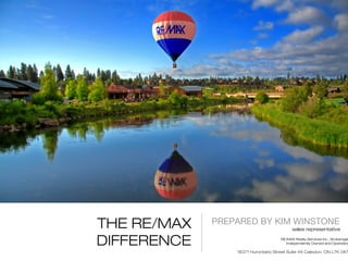 THE RE/MAX 
DIFFERENCE 
PREPARED BY KIM WINSTONE 
sales representative 
RE/MAX Realty Services Inc., Brokerage 
Independently Owned and Operated 
18371 Hurontario Street Suite #6 Caledon, ON L7K 0X7 
 