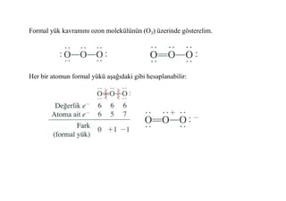 Formal yük kavramını ozon molekülünün (O3) üzerinde gösterelim.
Her bir atomun formal yükü aşağıdaki gibi hesaplanabilir:
 
