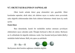 9.7. OKTET KURALINDAN SAPMALAR
Oktet kuralı aslında ikinci grup elementleri için geçerlidir. Oktet
kuralından sapmalar; eksik oktet, tek elektron sayısı ve merkez atom çevresinde
sekiz değerlik elektronundan daha fazla elektron bulunması olmak üzere üç sınıfa
ayrılır.
Eksik Oktet
Bazı durumlarda, kararlı bir molekülün merkez atomunu çevreleyen
elektronların sayısı sekizden azdır. Örneğin berilyum’u (Be) ele alalım. Berilyum
un 2s orbitalinde iki değerlik elektronu vardır. Gaz fazında berilyum hidrür (BeH2)
moleküler halde bulunur. BeH2 nin yapısı şu şekildedir.
Berilyumun oktet kuralını sağlaması mümkün değildir.
 