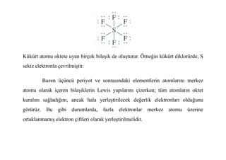 Kükürt atomu oktete uyan birçok bileşik de oluşturur. Örneğin kükürt diklorürde, S
sekiz elektronla çevrilmiştir.
Bazen üçüncü periyot ve sonrasındaki elementlerin atomlarını merkez
Bazen üçüncü periyot ve sonrasındaki elementlerin atomlarını merkez
atomu olarak içeren bileşiklerin Lewis yapılarını çizerken; tüm atomların oktet
kuralını sağladığını, ancak hala yerleştirilecek değerlik elektronları olduğunu
görürüz. Bu gibi durumlarda, fazla elektronlar merkez atomu üzerine
ortaklanmamış elektron çiftleri olarak yerleştirilmelidir.
 