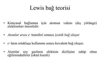Lewis bağ teorisi
• Kimyasal bağlanma için atomun valens (dış yörünge)
elektronları önemlidir.
• Atomlar arası e- transferi sonucu iyonik bağ oluşur
• e- ların ortaklaşa kullanımı soncu kovalent bağ oluşur.
• Atomlar soy gazların elektron dizilişine sahip olma
eğilimindedirler (oktet kuralı)
 