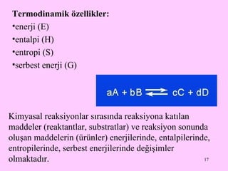 Termodinamik  özellikler : enerji (E) entalpi (H) entropi (S) serbest enerji (G) Kimyasal reaksiyonlar sırasında reaksiyona katılan maddeler (reaktantlar, substratlar) ve reaksiyon sonunda oluşan maddelerin (ürünler) enerjilerinde, entalpilerinde, entropilerinde, serbest enerjilerinde değişimler olmaktadır.   