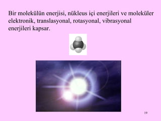 Bir molekülün enerjisi, nükleus içi enerjileri ve moleküler elektronik, translasyonal, rotasyonal, vibrasyonal enerjileri kapsar . 