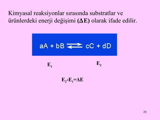 Kimyasal reaksiyonlar sırasında substratlar ve ürünlerdeki enerji değişimi  (  E )  olarak ifade edilir. E 1 E 2 E 2 -E 1 = Δ E 