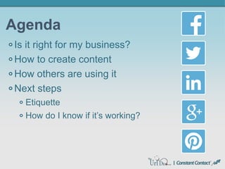 Agenda
Is it right for my business?
How to create content
How others are using it
Next steps
Etiquette
How do I know if it’s working?
 