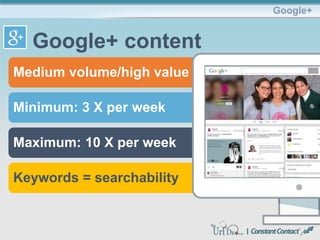 Medium volume/high value
Minimum: 3 X per week
Maximum: 10 X per week
Keywords = searchability
Google+
Google+ content
 