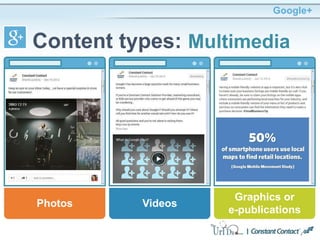 Google+
Content types: Multimedia
Photos
Graphics or
e-publications
Videos
 