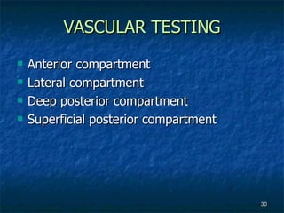 VASCULAR TESTING Anterior compartment Lateral compartment Deep posterior compartment Superficial posterior compartment 