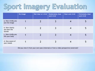 No image             Not clear or vivid   Moderately clear      Clear and vivid        Extremely clear
                                                                and vivid                                    and vivid


a. How vividly you            1                     2                    3                    4                     5
saw the image


b. How clearly                1                     2                    3                    4                     5
you hear the
sounds
c. How vividly you            1                     2                    3                    4                     5
felt your body


d. How aware of               1                     2                    3                    4                     5
your moods


                     Did you view it from your own eyes (internal) or from a video perspective (external)?
 