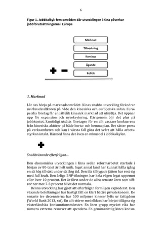 6
Figur 1. Jobbkalkyl: fem områden där utvecklingen i Kina påverkar
jobbförutsättningarna i Europa

Marknad
Tillverkning
Kunskap
Ägande
Politik

1. Marknad
Låt oss börja på marknadsområdet. Kinas snabba utveckling förändrar
marknadsvillkoren på både den kinesiska och europeiska sidan. Europeiska företag får en jättelik kinesisk marknad att utnyttja. Det öppnar
upp för expansion och nyrekrytering. Därigenom blir det plus på
jobbkontot. Samtidigt utsätts företagen för en allt vassare konkurrens
från kinesiska aktörer på både borta- och hemmaplan. Det sätter press
på verksamheten och kan i värsta fall göra det svårt att hålla arbetsstyrkan intakt. Därmed finns det även en minusdel i jobbkalkylen.

Snabbväxande efterfrågan…
Den ekonomiska utvecklingen i Kina sedan reformarbetet startade i
början av 80-talet är helt unik. Inget annat land har kunnat hålla igång
en så hög tillväxt under så lång tid. Den illa tilltygade jätten har rest sig
med full kraft. Den årliga BNP-ökningen har hela vägen legat uppemot
eller över 10 procent. Det är först under de allra senaste åren som siffror ner mot 7-8 procent blivit det normala.
Denna utveckling har gjort att efterfrågan formligen exploderat. Den
växande befolkningen har hastigt fått en klart bättre privatekonomi. De
senaste tre decennierna har 500 miljoner kineser lyfts ur fattigdom
(World Bank 2013, xxi). En allt större medelklass har börjat tillägna sig
västerländska konsumtionsmönster. En liten grupp mycket rika har
numera extrema resurser att spendera. En genomsnittlig kines konsu-

 