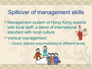 Spillover of management skills 
Management system of Hong Kong experts 
with local staff: a blend of international 
standard with local culture 
Vertical management: 
 Clearly defined responsibilities at different levels 
11 
 