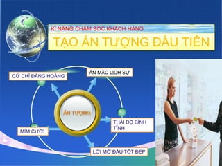 KĨ NĂNG CHĂM SÓC KHÁCH HÀNG

             TẠO ẤN TƯỢNG ĐẦU TIÊN

                        ĂN MĂC LỊCH SỰ
CỬ CHỈ ĐÀNG HOÀNG




                                THÁI ĐỘ BÌNH
                                TĨNH
  MỈM CƯỜI



                         LỜI MỞ ĐẦU TỐT ĐẸP
 