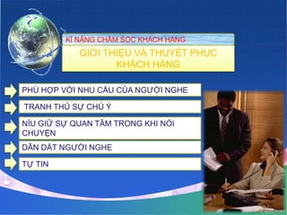 KĨ NĂNG CHĂM SÓC KHÁCH HÀNG
            GIỚI THIỆU VÀ THUYẾT PHỤC
                   KHÁCH HÀNG

PHÙ HỢP VỚI NHU CẦU CỦA NGƯỜI NGHE

TRANH THỦ SỰ CHÚ Ý

NÍU GIỮ SỰ QUAN TÂM TRONG KHI NÓI
CHUYỆN
DẪN DẮT NGƯỜI NGHE

TỰ TIN
 