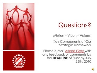 Questions?Mission – Vision – Values: Key Components of Our Strategic FrameworkPlease e-mail Arlene Gray with any feedback or comments by the DEADLINE of Sunday July 25th, 2010