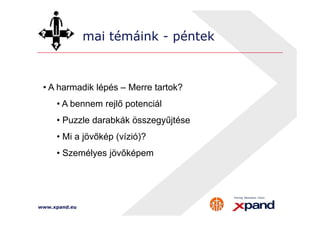 mai témáink - péntek 
• A harmadik lépés – Merre tartok? 
• A bennem rejlő potenciál 
• Puzzle darabkák összegyűjtése 
• Mi a jövőkép (vízió)? 
• Személyes jövőképem 
www.xpand.eu 
 