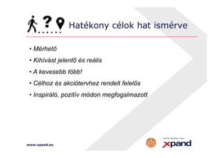 Hatékony célok hat ismérve 
• Mérhető 
• Kihívást jelentő és reális 
• A kevesebb több! 
• Célhoz és akciótervhez rendelt felelős 
• Inspiráló, pozitív módon megfogalmazott 
www.xpand.eu 
 