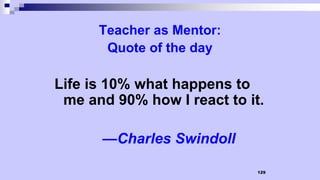 129
Teacher as Mentor:
Quote of the day
Life is 10% what happens to
me and 90% how I react to it.
—Charles Swindoll
 
