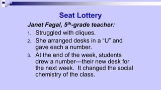 Seat Lottery
Janet Fagal, 5th-grade teacher:
1. Struggled with cliques.
2. She arranged desks in a “U” and
gave each a number.
3. At the end of the week, students
drew a number—their new desk for
the next week. It changed the social
chemistry of the class.
 