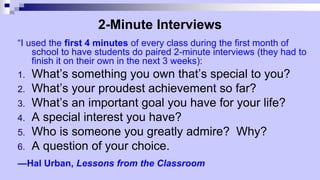 2-Minute Interviews
“I used the first 4 minutes of every class during the first month of
school to have students do paired 2-minute interviews (they had to
finish it on their own in the next 3 weeks):
1. What’s something you own that’s special to you?
2. What’s your proudest achievement so far?
3. What’s an important goal you have for your life?
4. A special interest you have?
5. Who is someone you greatly admire? Why?
6. A question of your choice.
—Hal Urban, Lessons from the Classroom
 