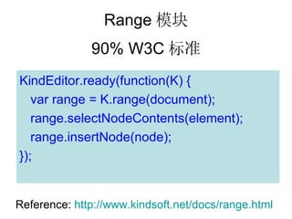 Range ģ
              90% W3C ׼
KindEditor.ready(function(K) {
   var range = K.range(document);
   range.selectNodeContents(element);
   range.insertNode(node);
});


Reference: http://www.kindsoft.net/docs/range.html
 