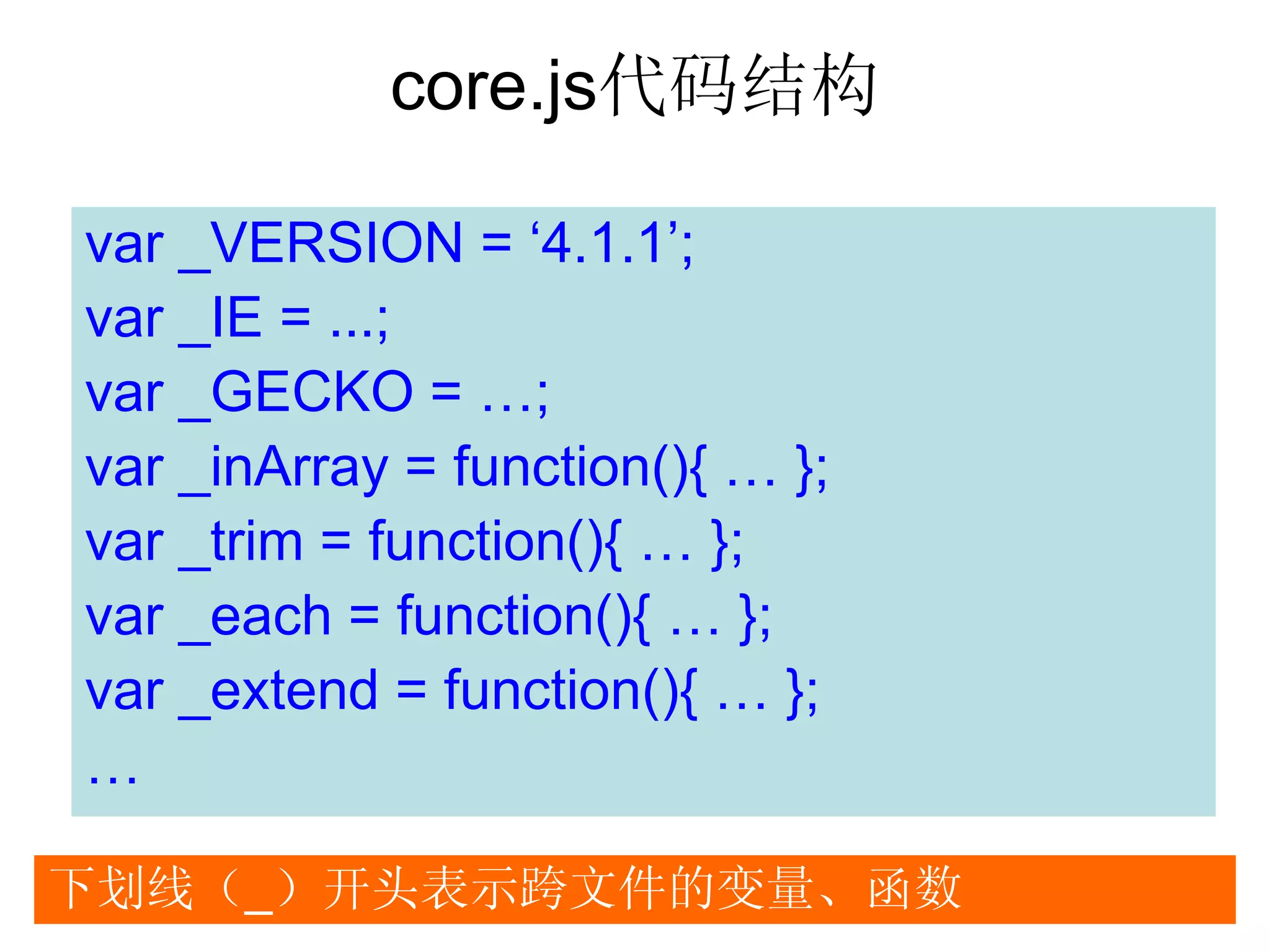 core.js代码结构

var _VERSION = ‘4.1.1’;
var _IE = ...;
var _GECKO = …;
var _inArray = function(){ … };
var _trim = function(){ … };
var _each = function(){ … };
var _extend = function(){ … };
…

下划线（_）开头表示跨文件的变量、函数
 
