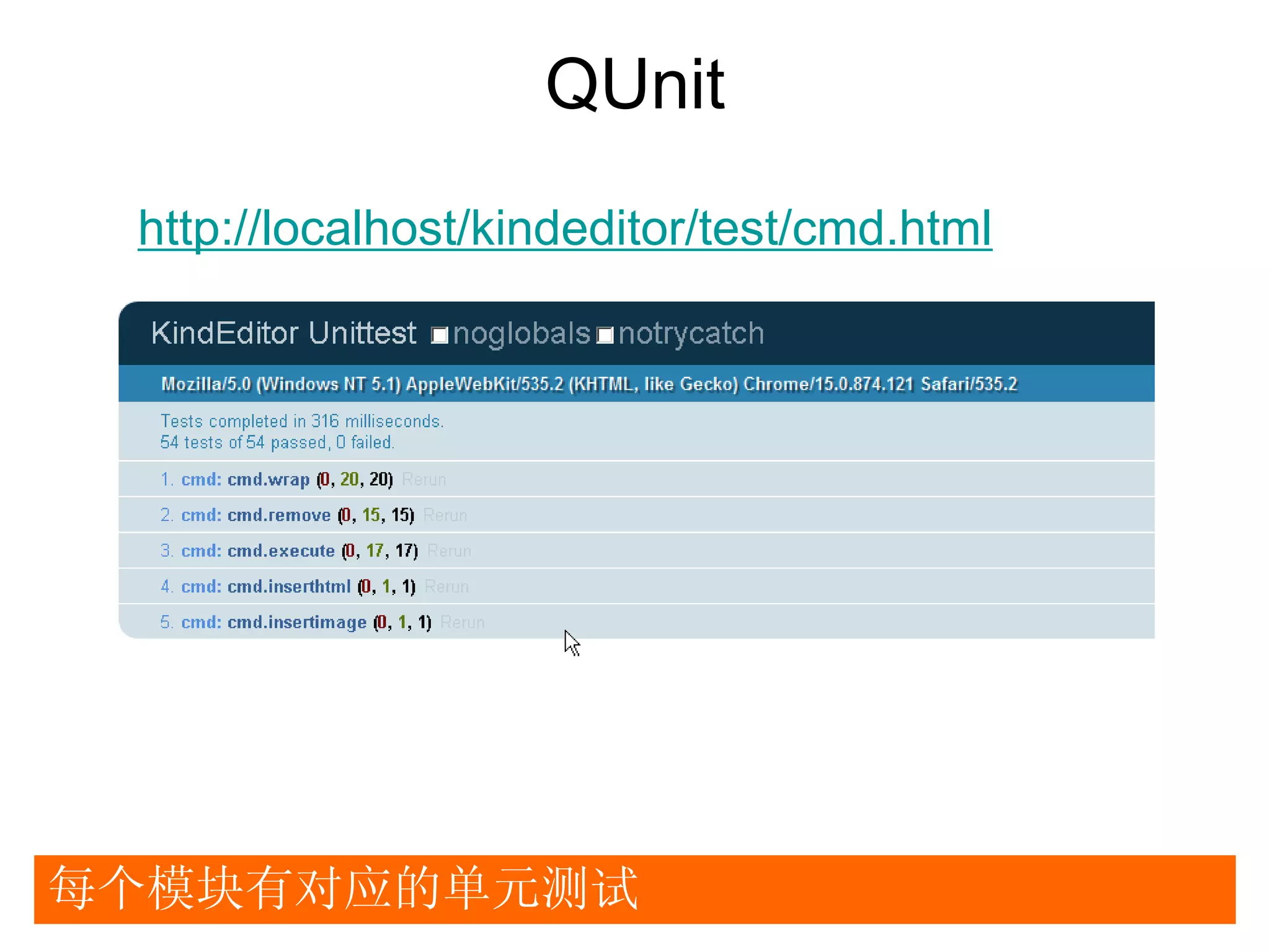 QUnit
 http://localhost/kindeditor/test/cmd.html




每个模块有对应的单元测试
 