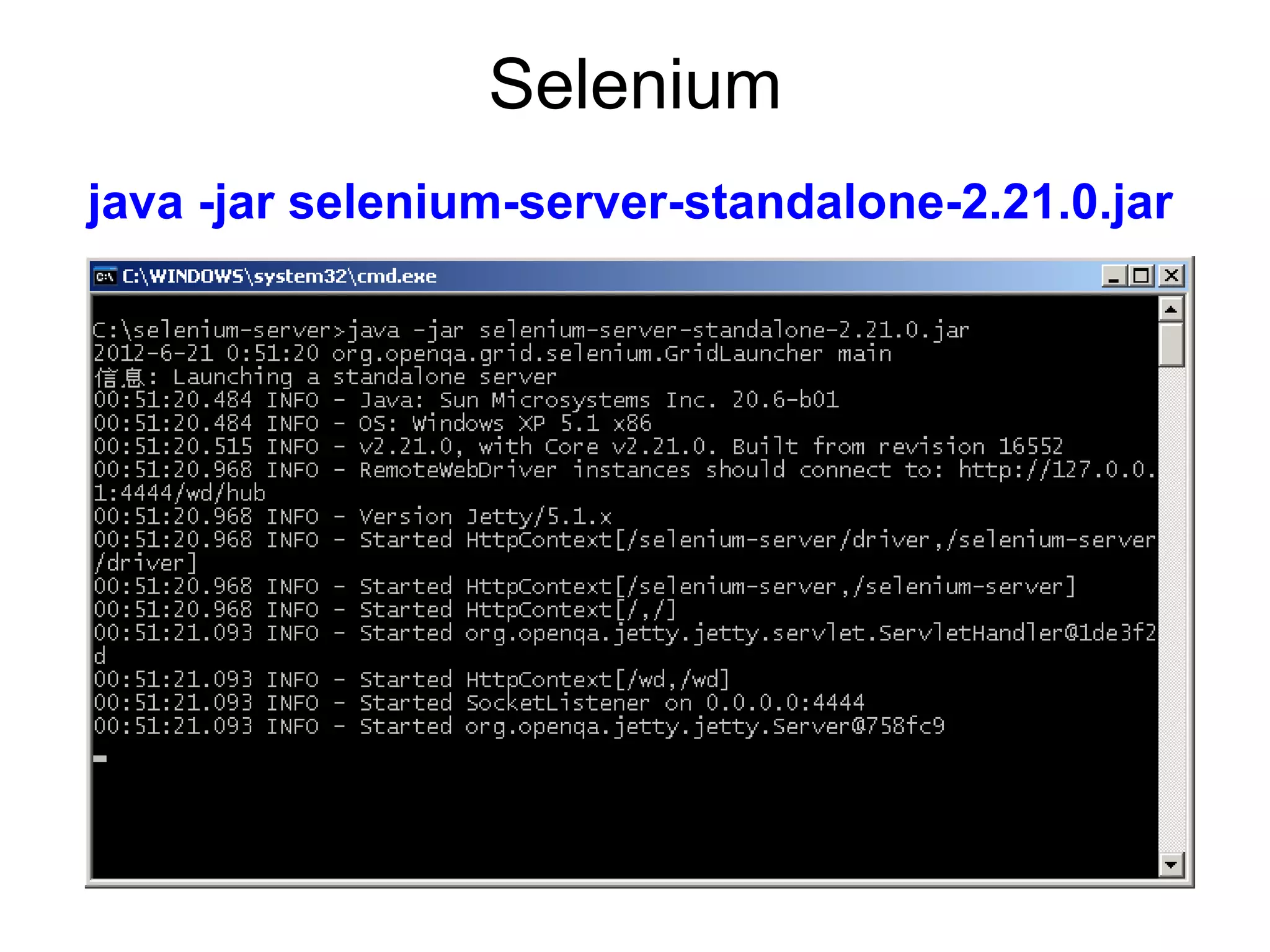 Selenium
java -jar selenium-server-standalone-2.21.0.jar
 