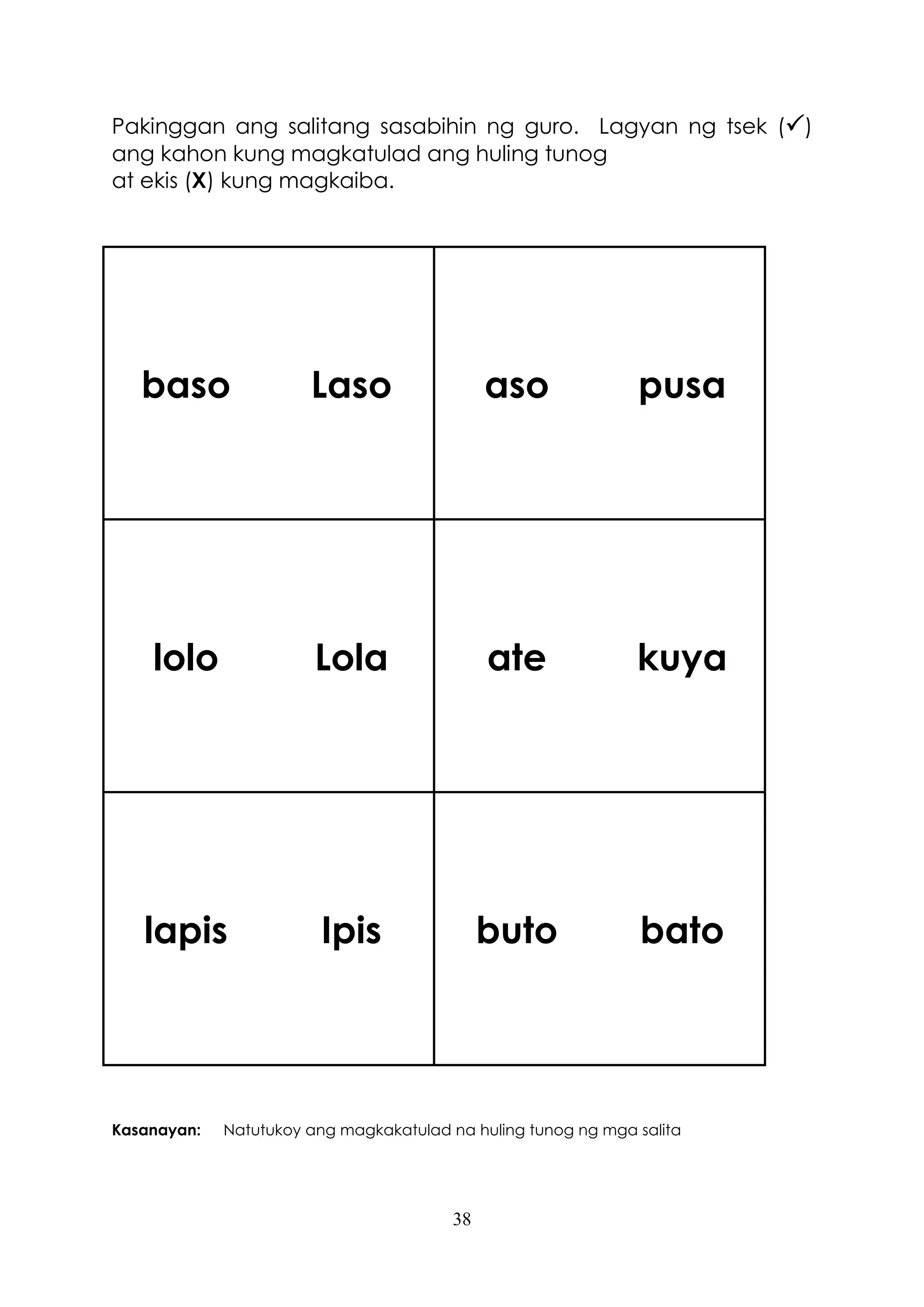 38
Pakinggan ang salitang sasabihin ng guro. Lagyan ng tsek ()
ang kahon kung magkatulad ang huling tunog
at ekis (X) kung magkaiba.
baso Laso aso pusa
lolo Lola ate kuya
lapis Ipis buto bato
Kasanayan: Natutukoy ang magkakatulad na huling tunog ng mga salita
 