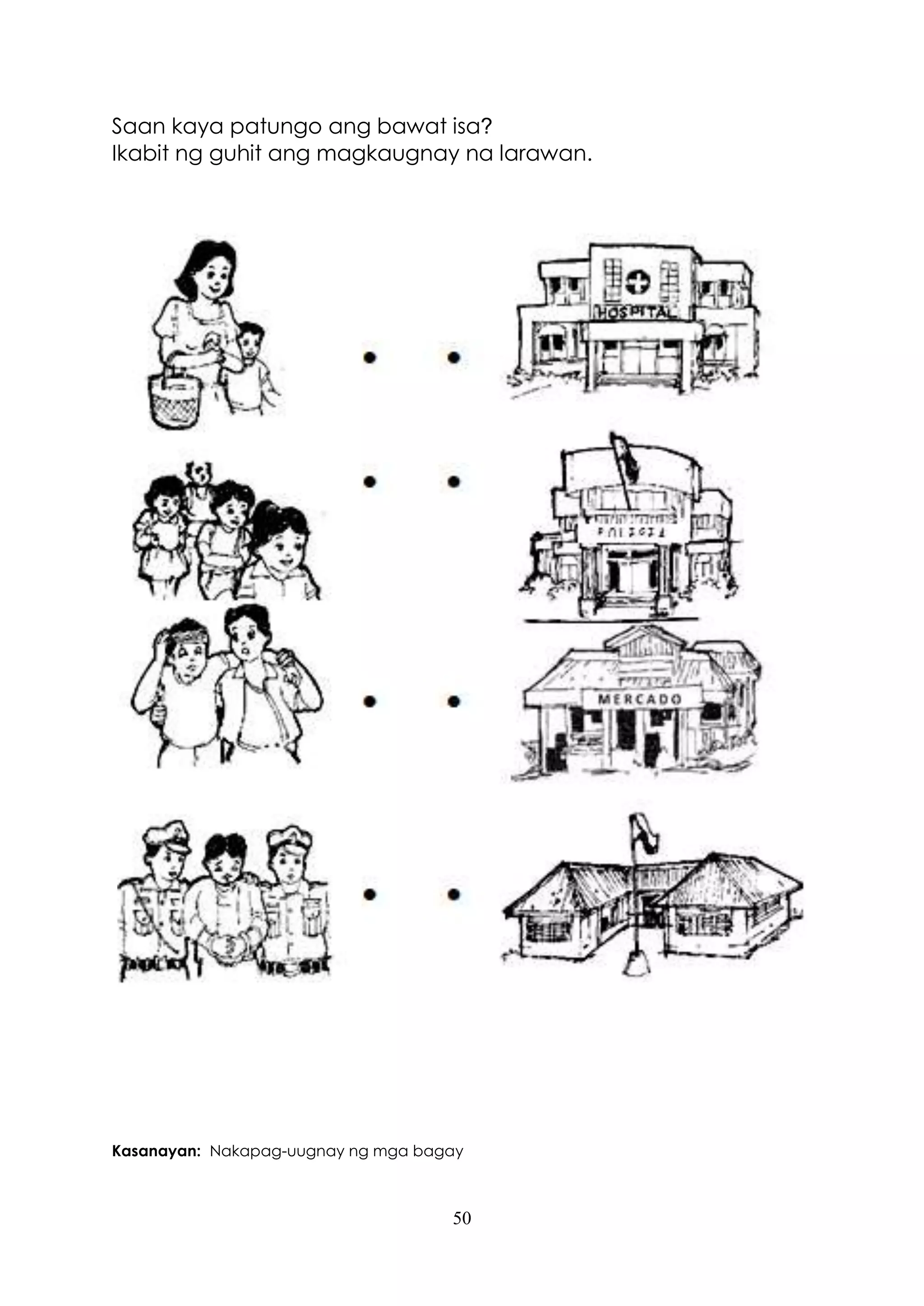 50
Saan kaya patungo ang bawat isa?
Ikabit ng guhit ang magkaugnay na larawan.
Kasanayan: Nakapag-uugnay ng mga bagay
 
