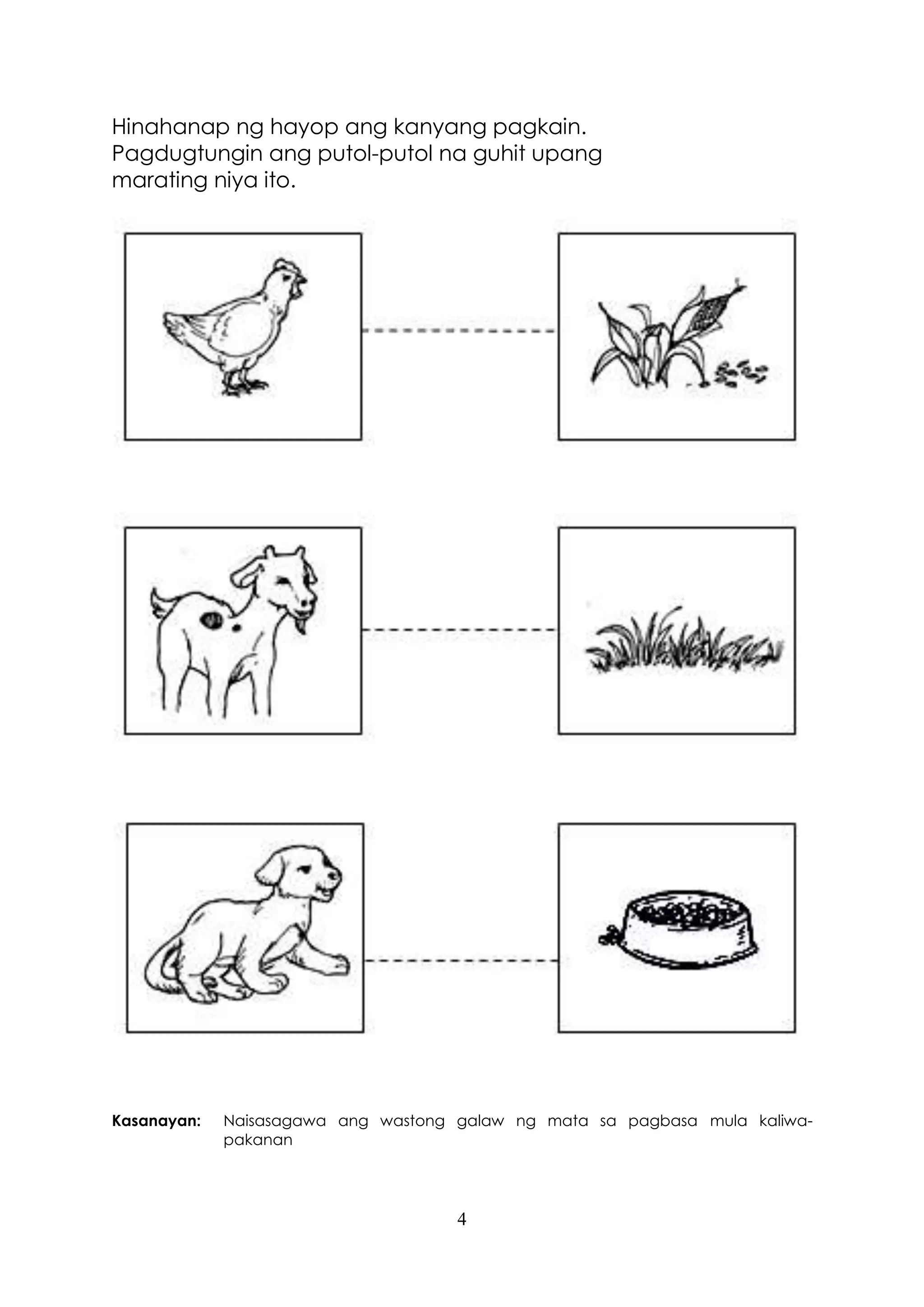 4
Hinahanap ng hayop ang kanyang pagkain.
Pagdugtungin ang putol-putol na guhit upang
marating niya ito.
Kasanayan: Naisasagawa ang wastong galaw ng mata sa pagbasa mula kaliwa-
pakanan
 