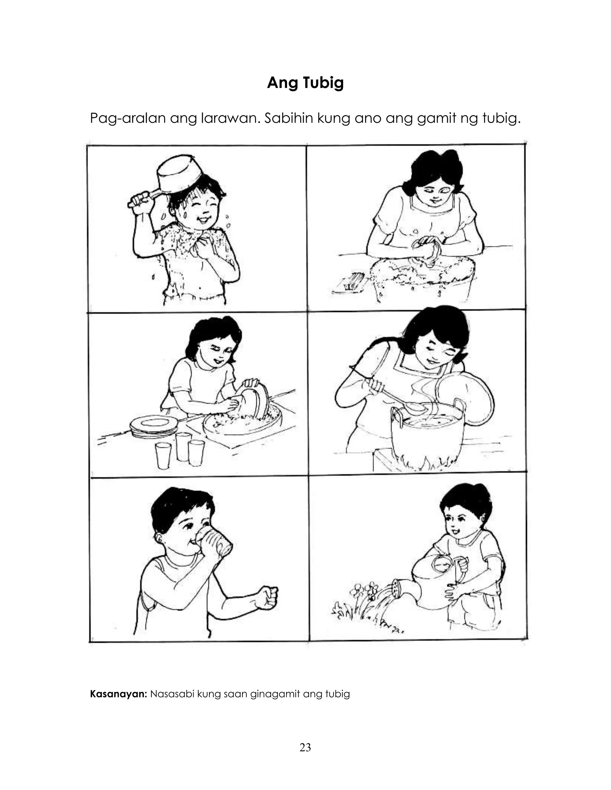 23
Ang Tubig
Pag-aralan ang larawan. Sabihin kung ano ang gamit ng tubig.
Kasanayan: Nasasabi kung saan ginagamit ang tubig
 