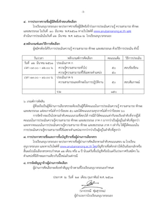 -3-
4. การประกาศรายชื่อผู้มีสิทธิ์เข้าสอบคัดเลือก
โรงเรียนอนุบาลระนอง จะประกาศรายชื่อผู้มีสิทธิเข้าร่วมการประเมินความรู้ ความสามารถ ทักษะ
และสมรรถนะ ในวันที่ 10 มีนาคม พ.ศ.2561 ทางเว็บไซต์ที่ www.anubanranong.ac.th และ
ดาเนินการประเมินในวันที่ 12 มีนาคม พ.ศ. 2561 ณ โรงเรียนอนุบาลระนอง
5.หลักเกณฑ์และวิธีการคัดเลือก
ผู้สมัครต้องได้รับการประเมินความรู้ ความสามารถ ทักษะ และสมรรถนะ ด้วยวิธีการประเมิน ดังนี้
วัน/เวลา หลักเกณฑ์การคัดเลือก คะแนนเต็ม วิธีการประเมิน
วันที่ 12 มีนาคม 2561
เวลา 09.00 – 12.00 น.
ประเมินภาค ก
ความรู้ความสามารถทั่วไป
ความรู้ความสามารถที่ใช้เฉพาะตาแหน่ง
50
50
สอบข้อเขียน
เวลา 13.00 – 16.00 น. ประเมินภาค ข
ความสามารถและทักษะในการปฏิบัติงาน 50 สอบสัมภาษณ์
รวม 150
6. เกณฑ์การตัดสิน
ผู้ที่จะถือเป็นผู้ที่ผ่านการเลือกสรรจะต้องเป็นผู้ที่ได้คะแนนในการประเมินความรู้ ความสามารถ ทักษะ
และสมรรถนะ แต่ละภาคไม่ต่ากว่าร้อยละ 50 และได้คะแนนรวมทุกภาคไม่ต่ากว่าร้อยละ 60
การจัดจ้างจะเป็นไปตามลาดับคะแนนรวมที่สอบได้ กรณีถ้าได้คะแนนเท่ากันจะเรียงลาดับที่จากผู้ได้
คะแนนในการประเมินความรู้ความสามารถ ทักษะ และสมรรถนะ ภาค ก มากกว่าเป็นผู้อยู่ในลาดับที่สูงกว่า
และหากคะแนนในการประเมินความรู้ความสามารถ ทักษะ และสมรรถนะ ภาค ก เท่ากัน ให้ผู้ได้คะแนนใน
การประเมินความรู้ความสามารถที่ใช้เฉพาะตาแหน่งมากกว่ากว่าเป็นผู้อยู่ในลาดับที่สูงกว่า
7. การประกาศรายชื่อและการขั้นบัญชีรายชื่อผู้ผ่านการเลือกสรร
โรงเรียนอนุบาลระนอง จะประกาศรายชื่อผู้ผ่านการคัดเลือกตามลาดับคะแนนสอบ ณ โรงเรียน
อนุบาลระนอง และทางเว็บไซต์ที่ www.anubanranong.ac.th โดยบัญชีรายชื่อดังกล่าวให้เป็นอันยกเลิกหรือ
สิ้นผลไปเมื่อเลือกสรรครบกาหนด 12 เดือน หรือ 1 ปี นับแต่วันขึ้นบัญชีหรือนับแต่วันประกาศรับสมัคร ใน
ตาแหน่งที่มีลักษณะงานเดียวกันนี้ใหม่แล้วแต่กรณี
8. การจัดสัญญาจ้างผู้ผ่านการคัดเลือก
ผู้ผ่านการคัดเลือกจะต้องทาสัญญาจ้างตามที่โรงเรียนอนุบาลระนองกาหนด
ประกาศ ณ วันที่ 27 เดือน กุมภาพันธ์ พ.ศ. ๒๕61
(นางวรรณี พุ่มสุวรรณ)
ผู้อานวยการโรงเรียนอนุบาลระนอง
 